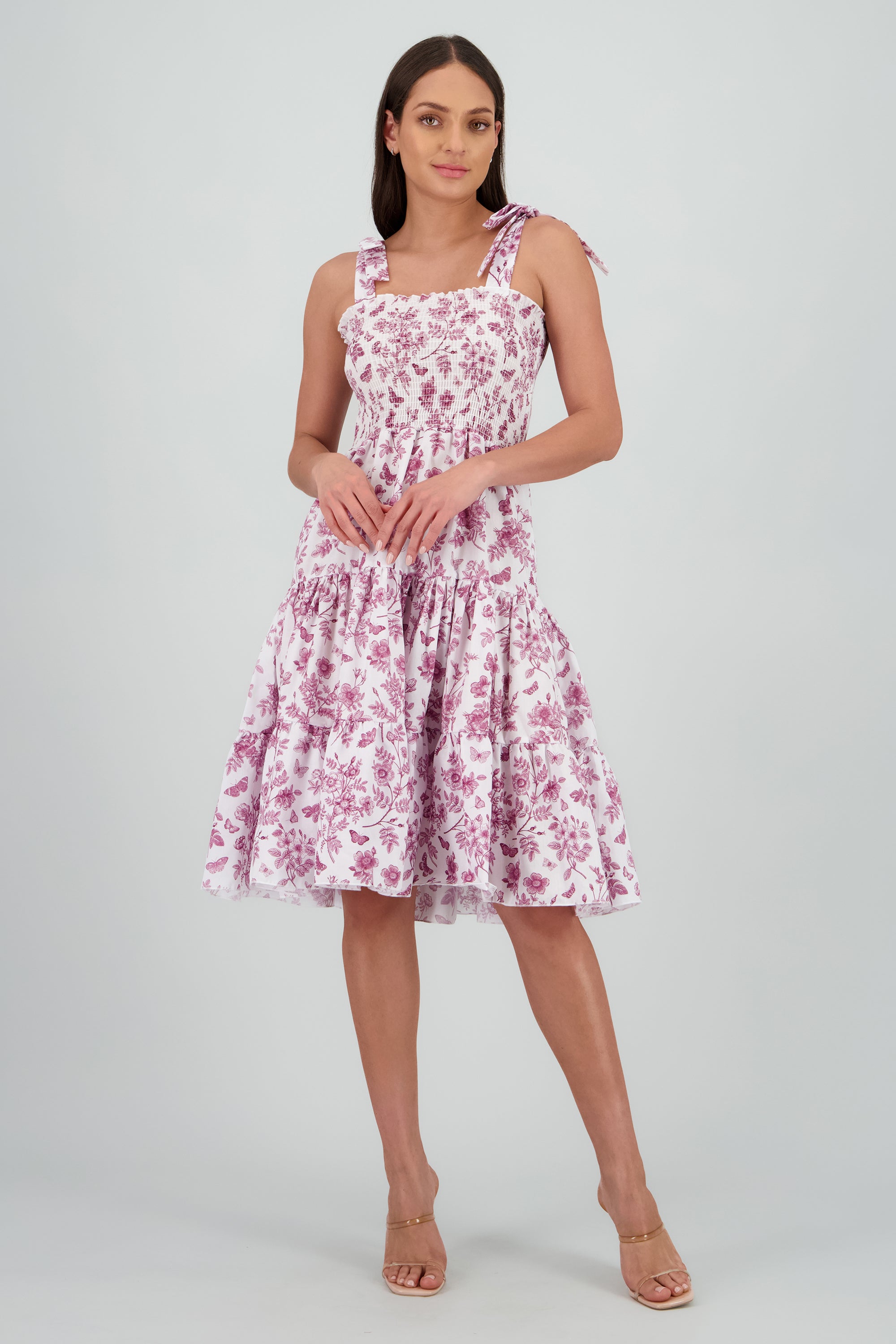 Vestido estampado flores olanes CIRUELA