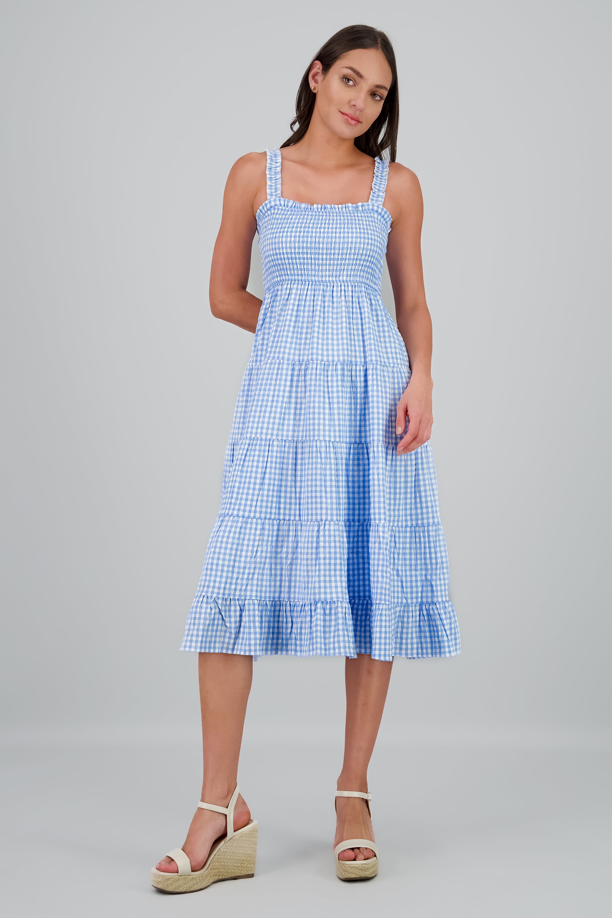 Vestido maxi smocked estampado gingham AZUL COMBO