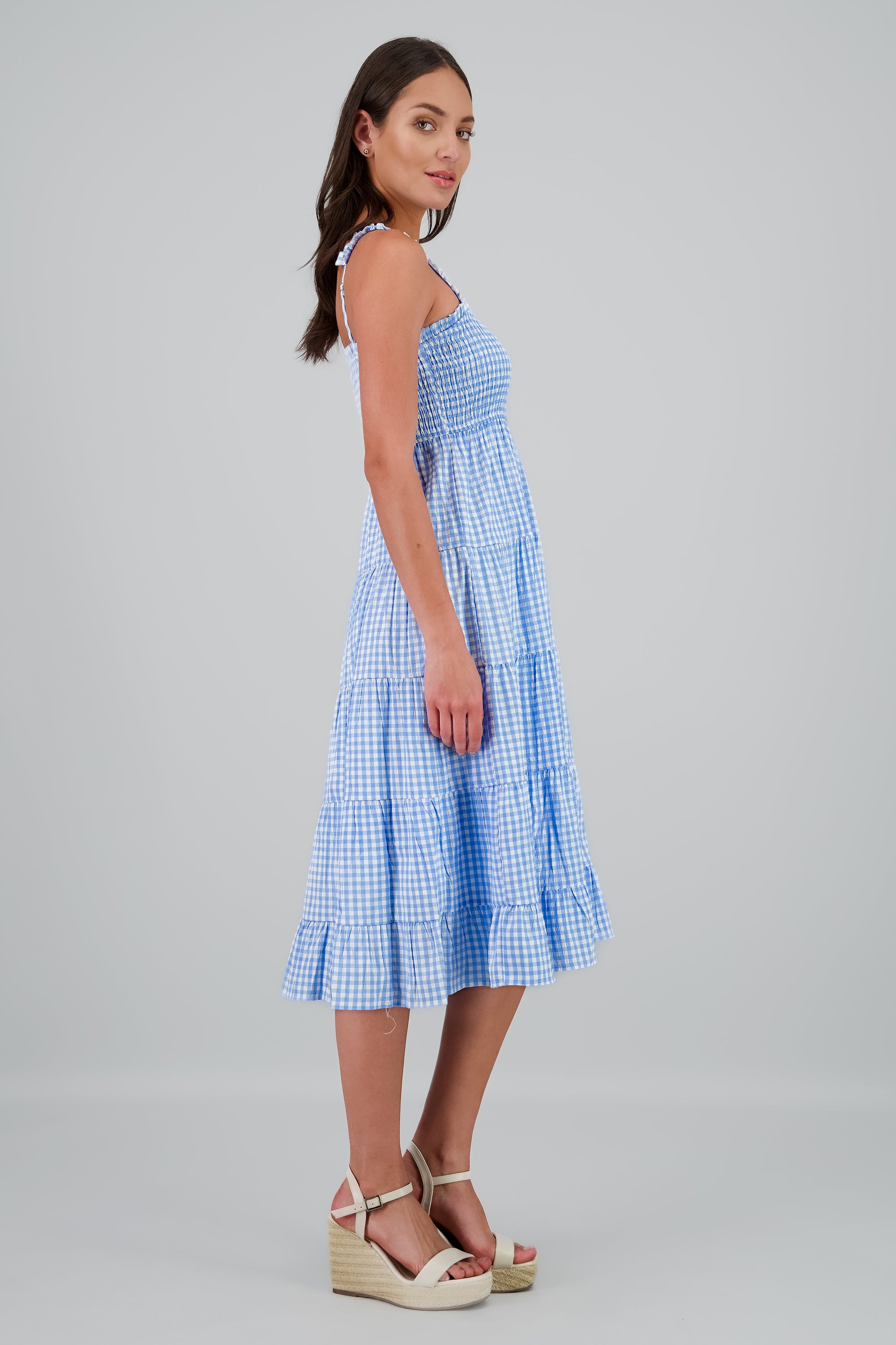 Vestido maxi smocked estampado gingham AZUL COMBO