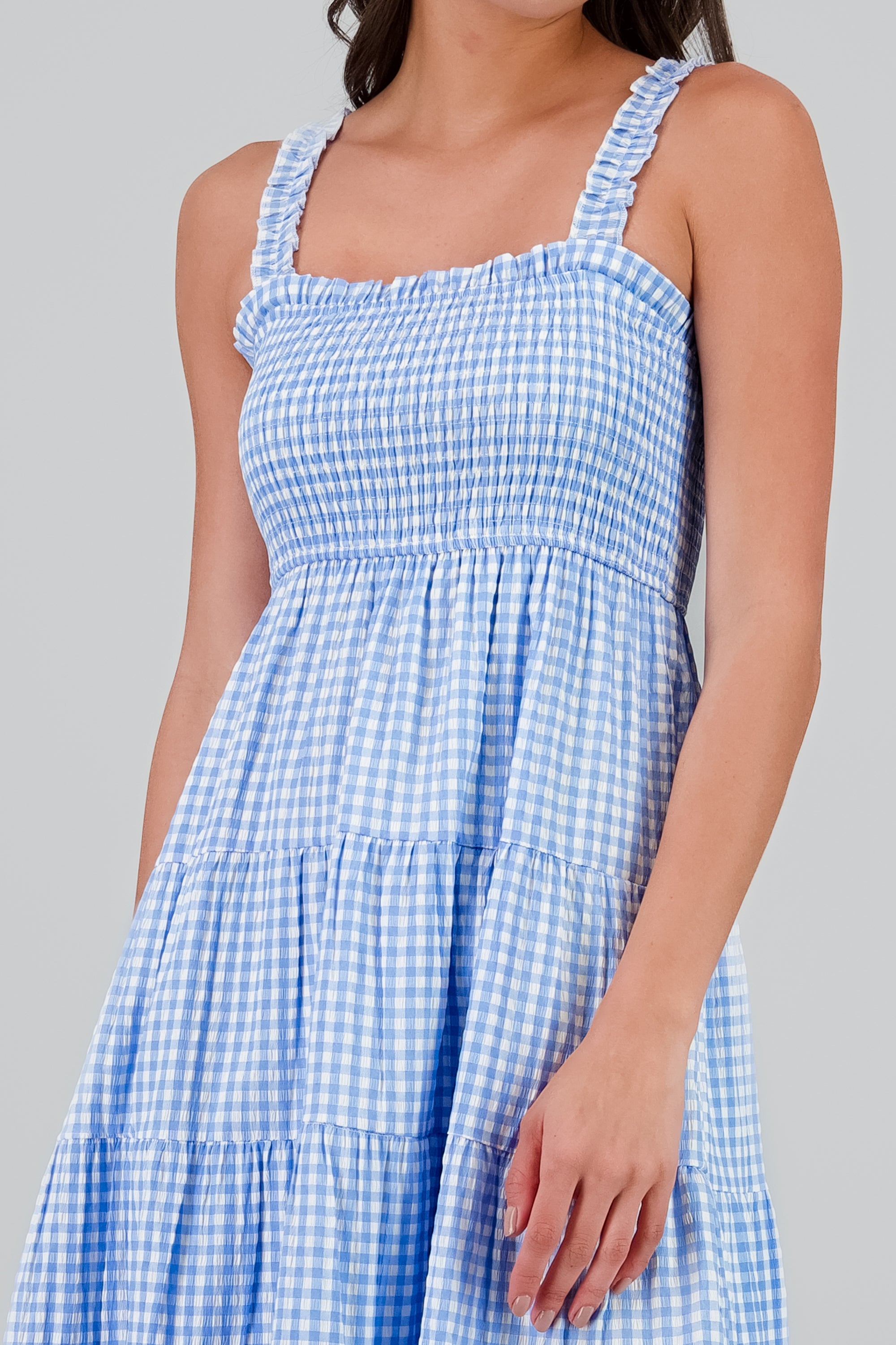 Vestido maxi smocked estampado gingham AZUL COMBO