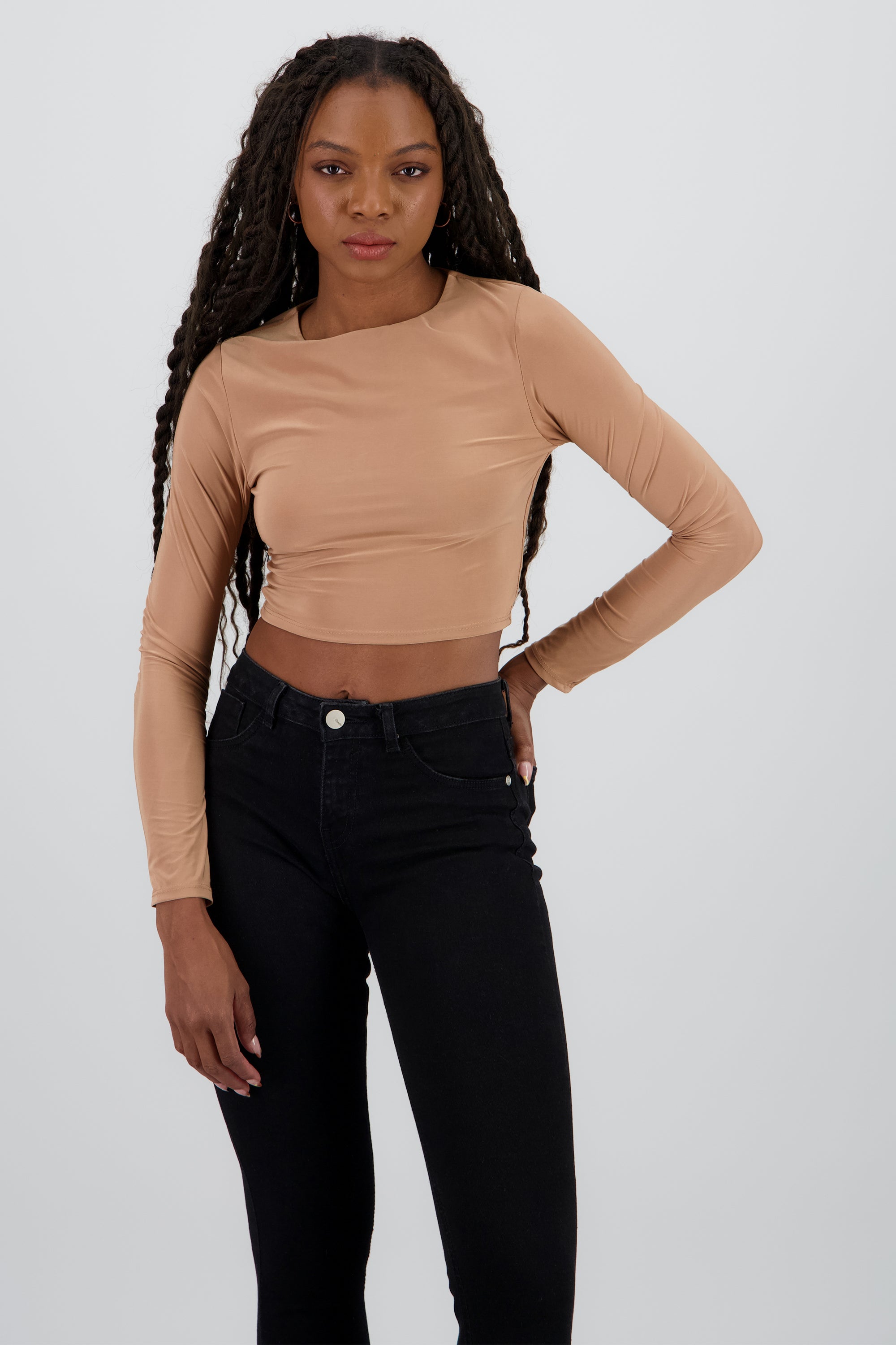 Top manga larga cuello redondo BEIGE