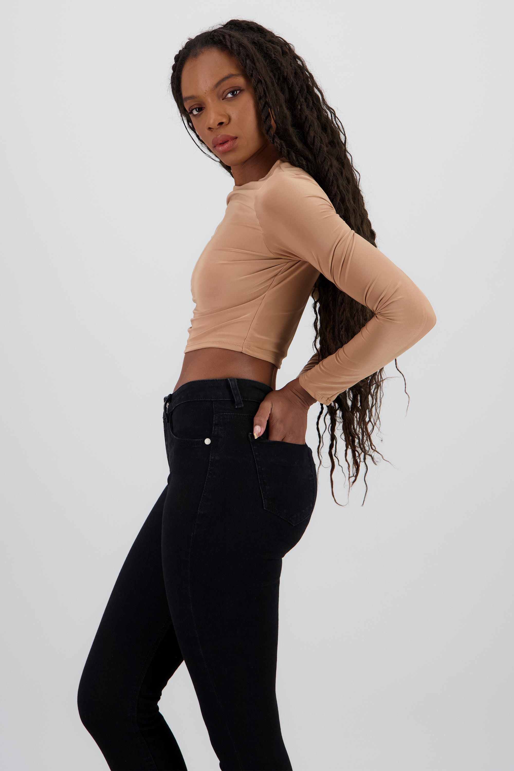Top manga larga cuello redondo BEIGE