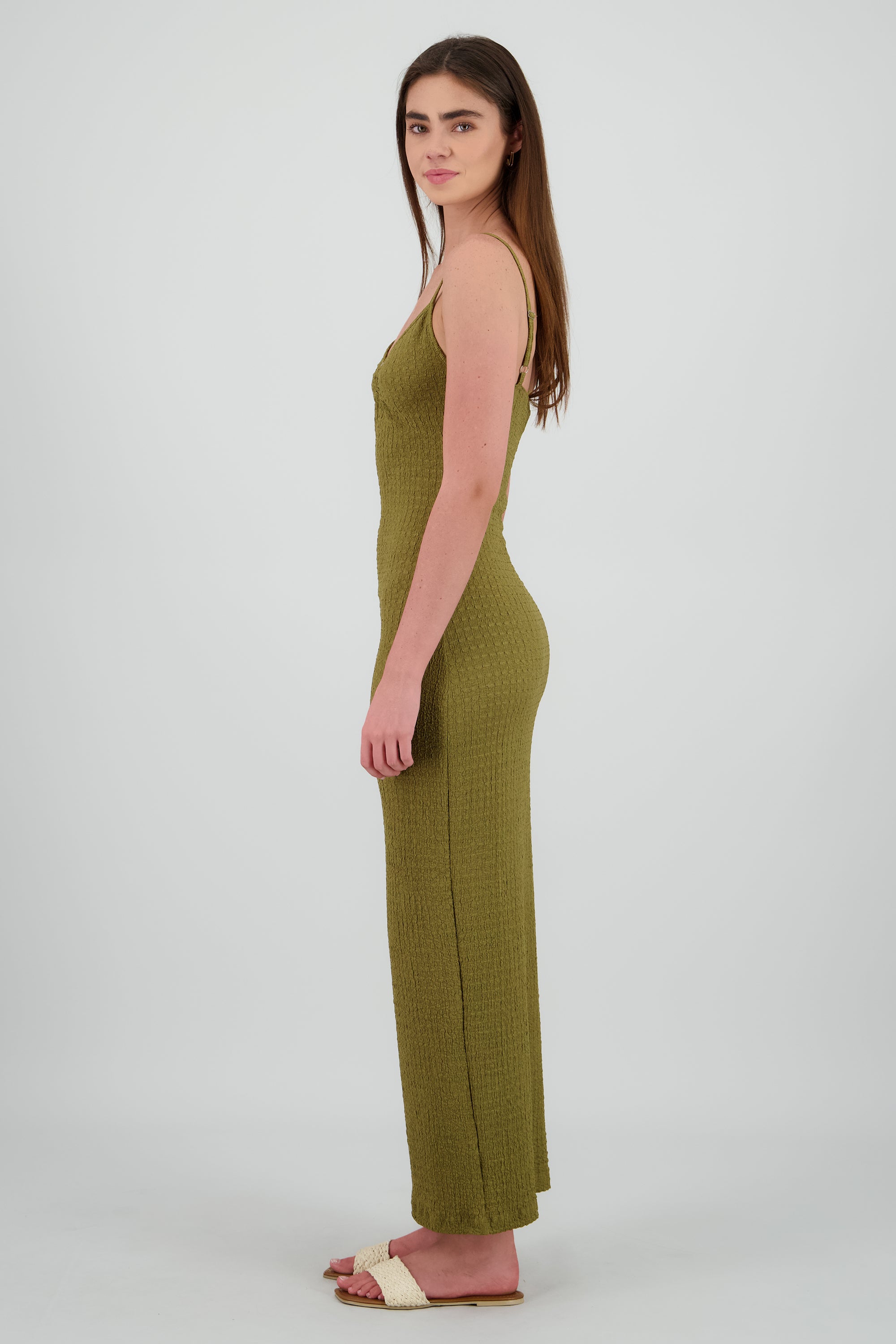 Vestido maxi texturas tirantes aro OLIVO