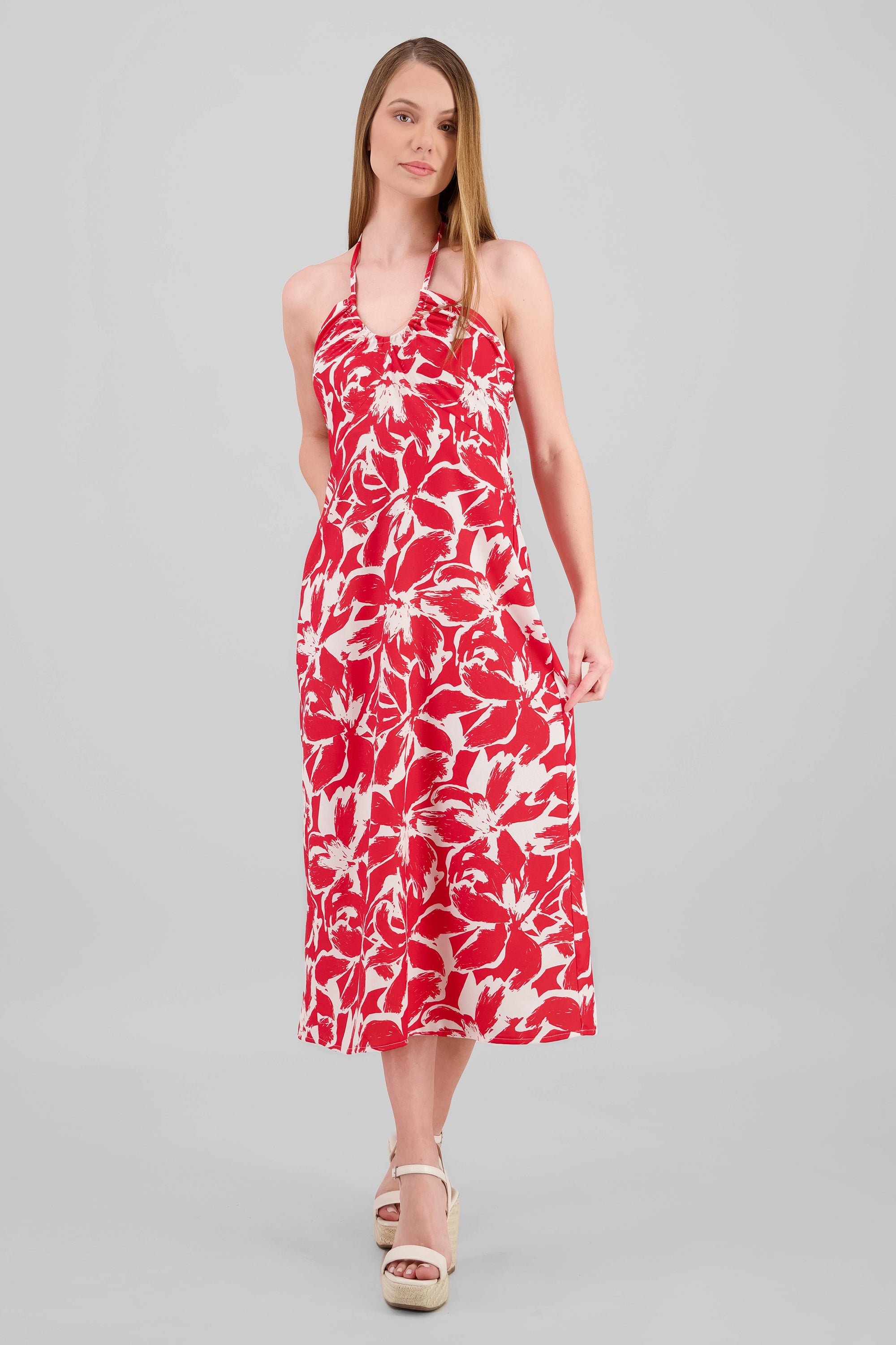 Vestido estampado halter ROJO COMBO