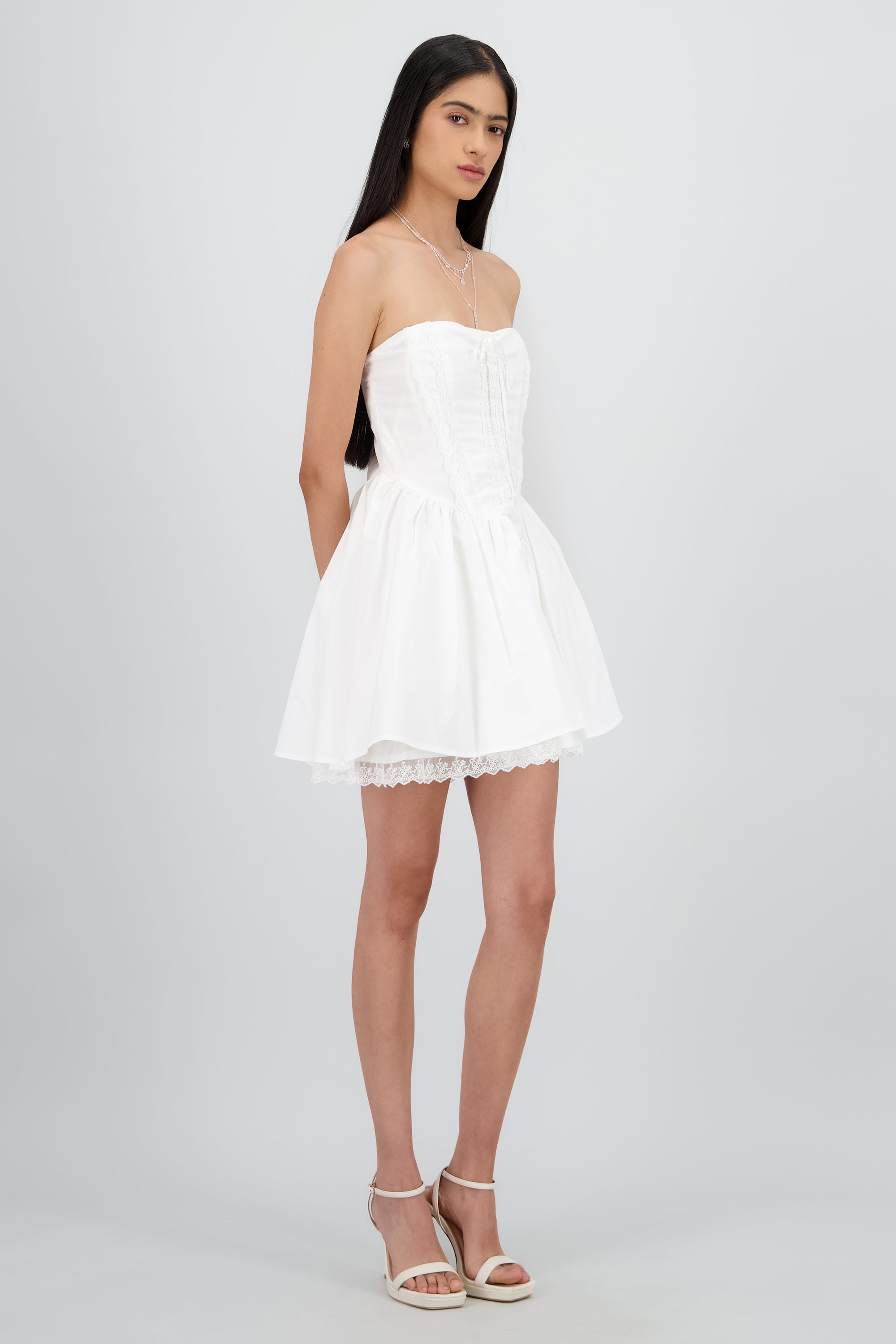 Vestido mini popelina detalle encaje corset Hypste BLANCO