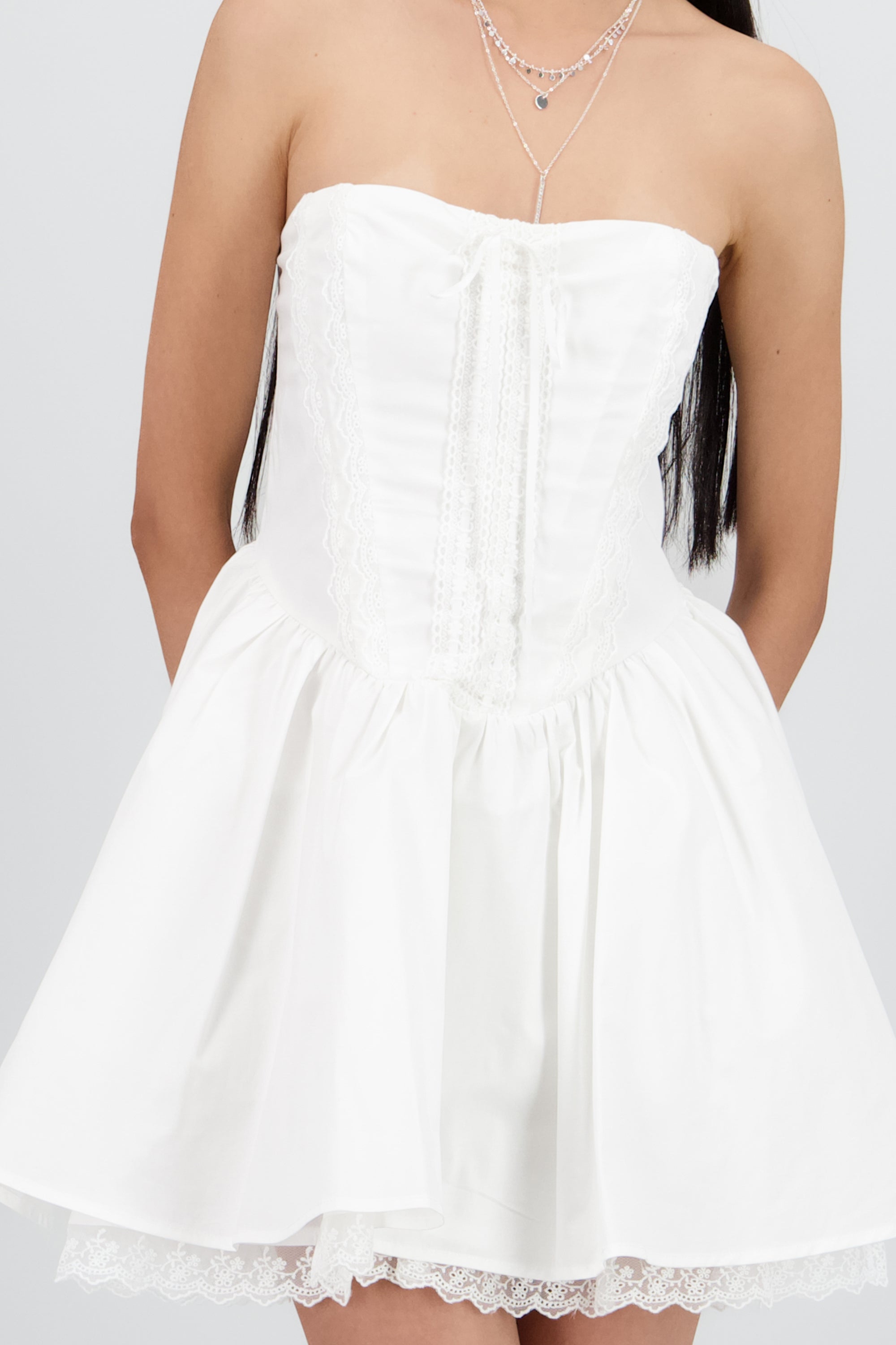 Vestido mini popelina detalle encaje corset Hypste BLANCO