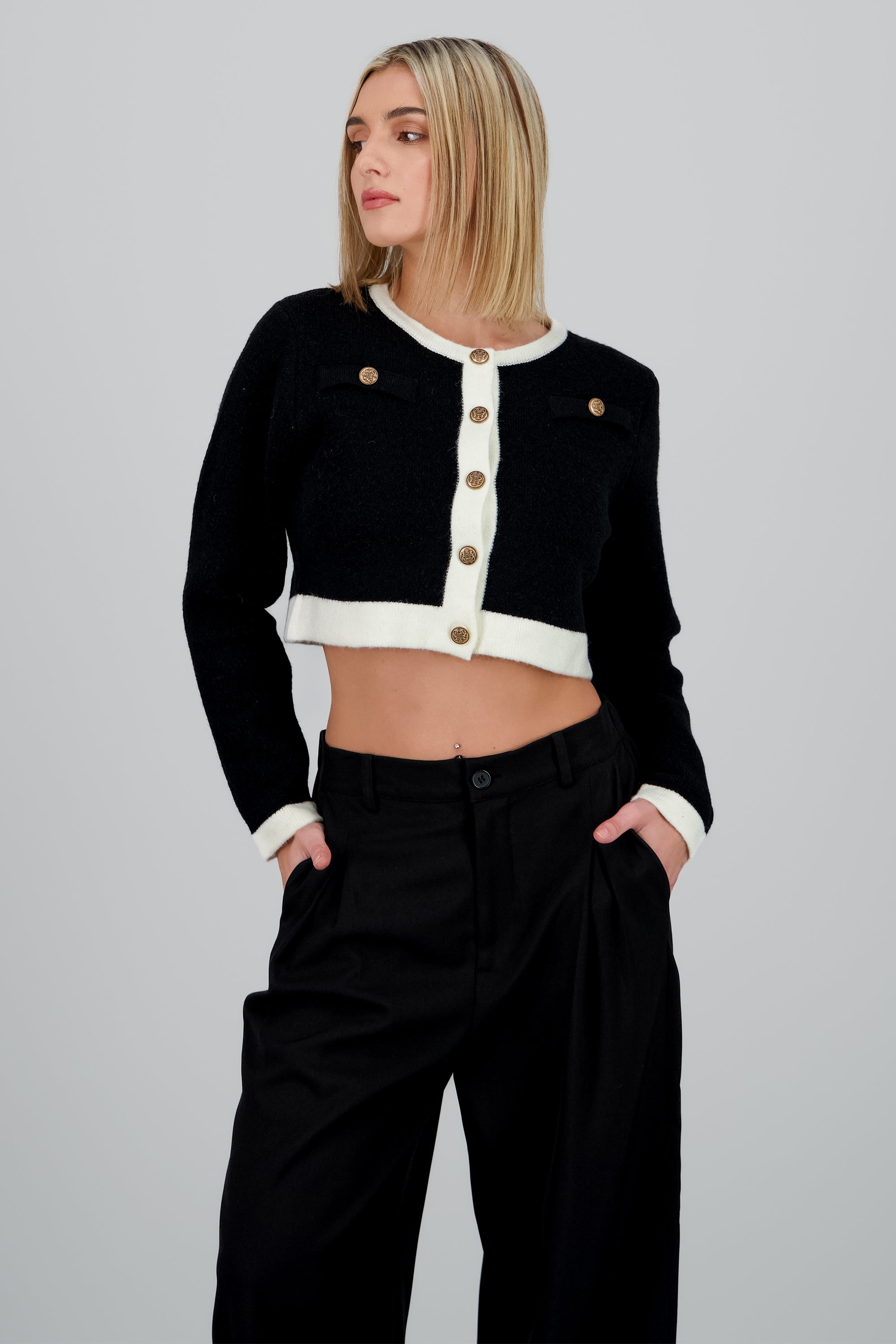 Cardigan contraste botones metal NEGRO COMBO