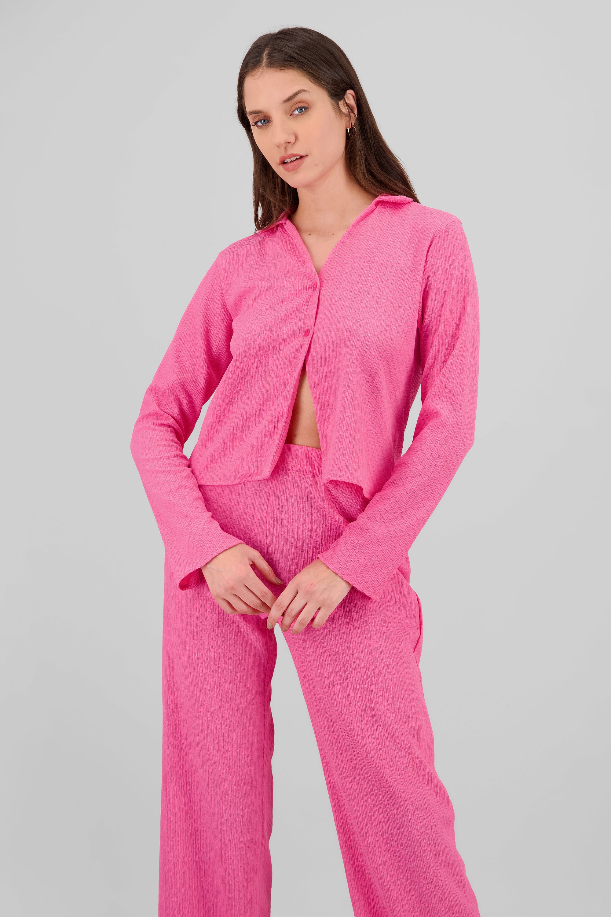 Camisa manga larga cuello textura ROSA