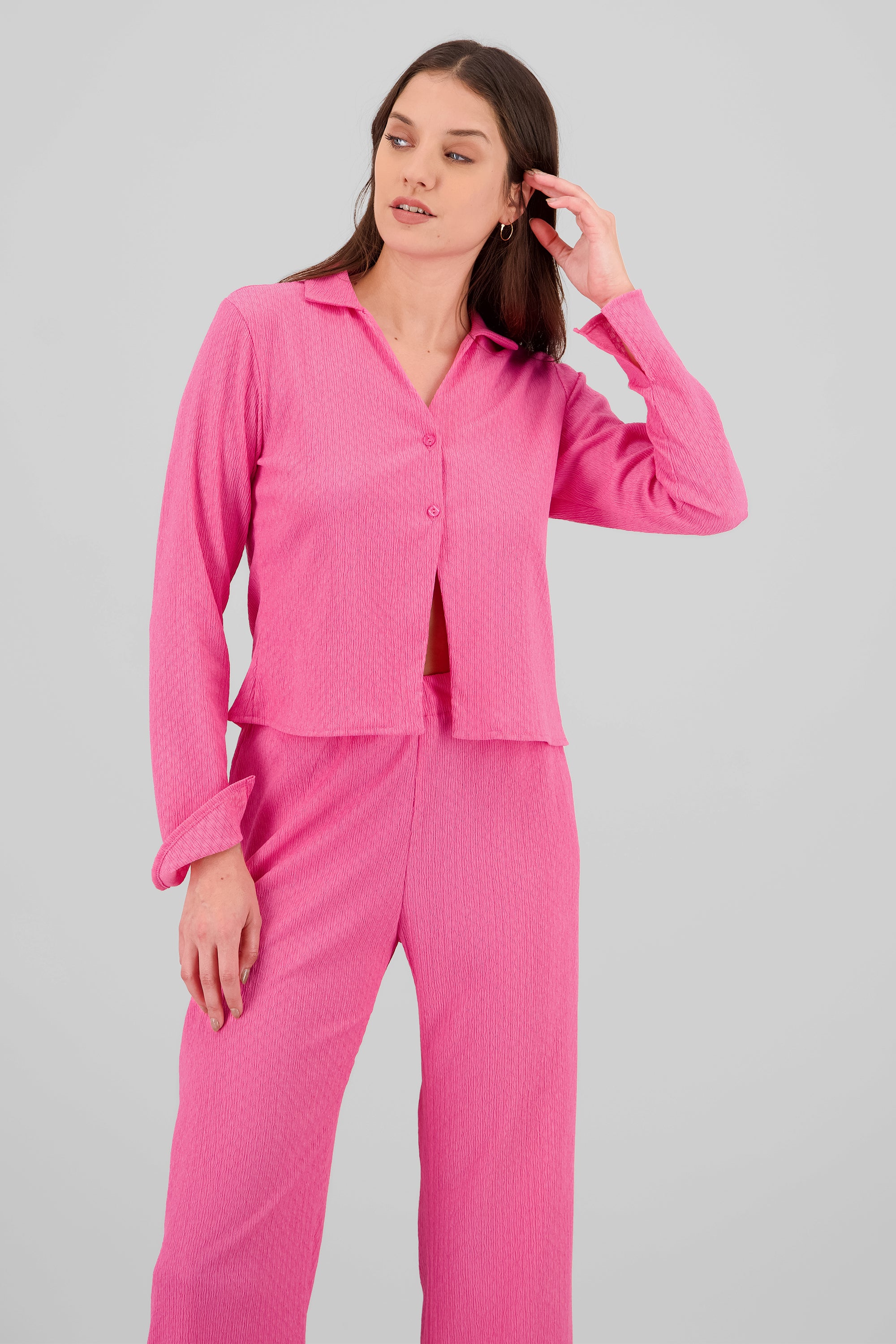Camisa manga larga cuello textura ROSA