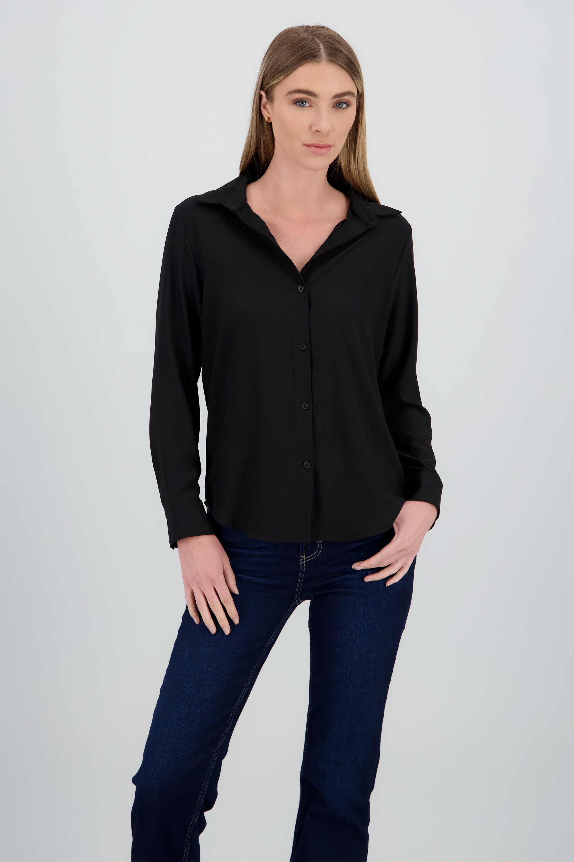 Camisa lisa manga larga botones NEGRO