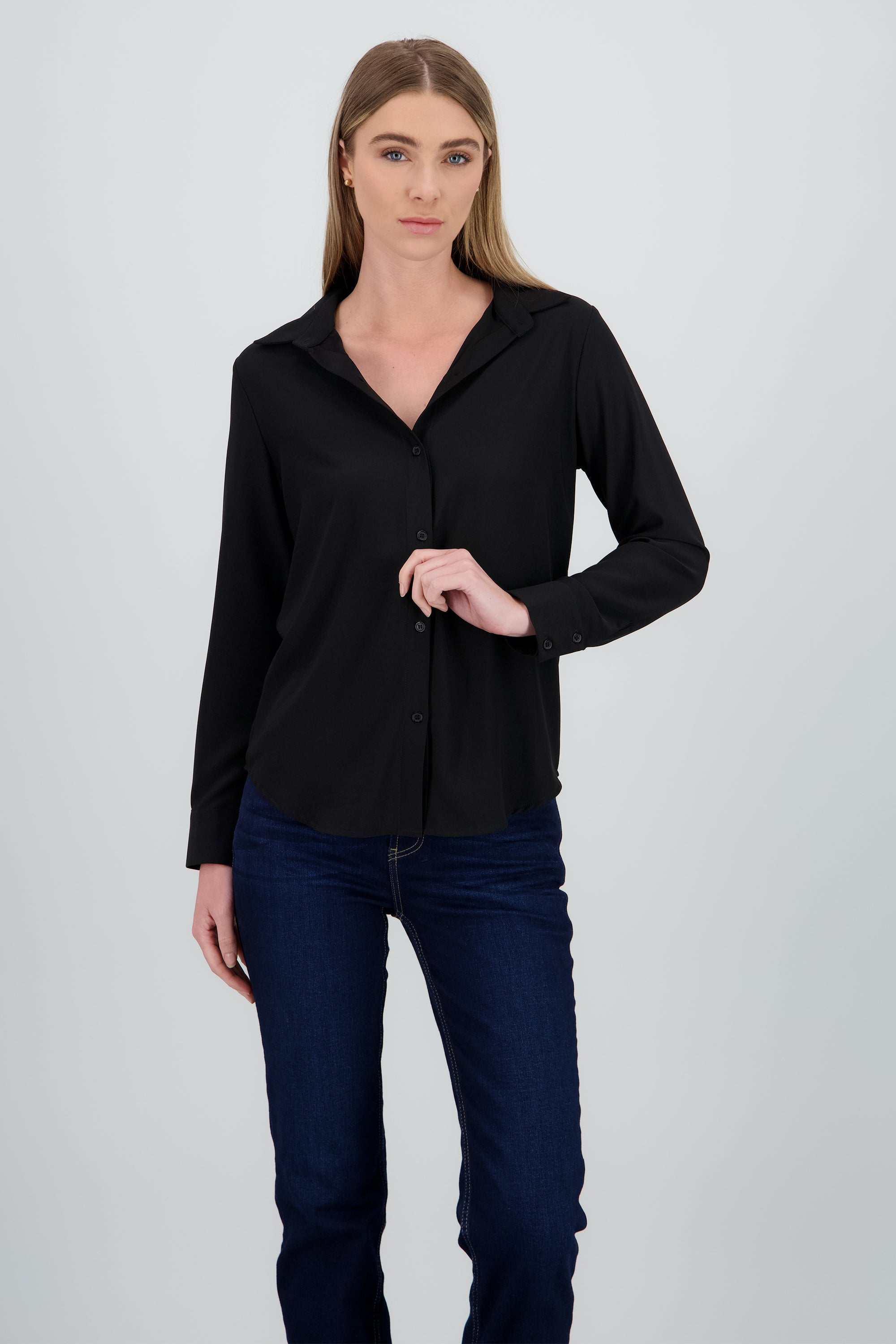 Camisa lisa manga larga botones NEGRO