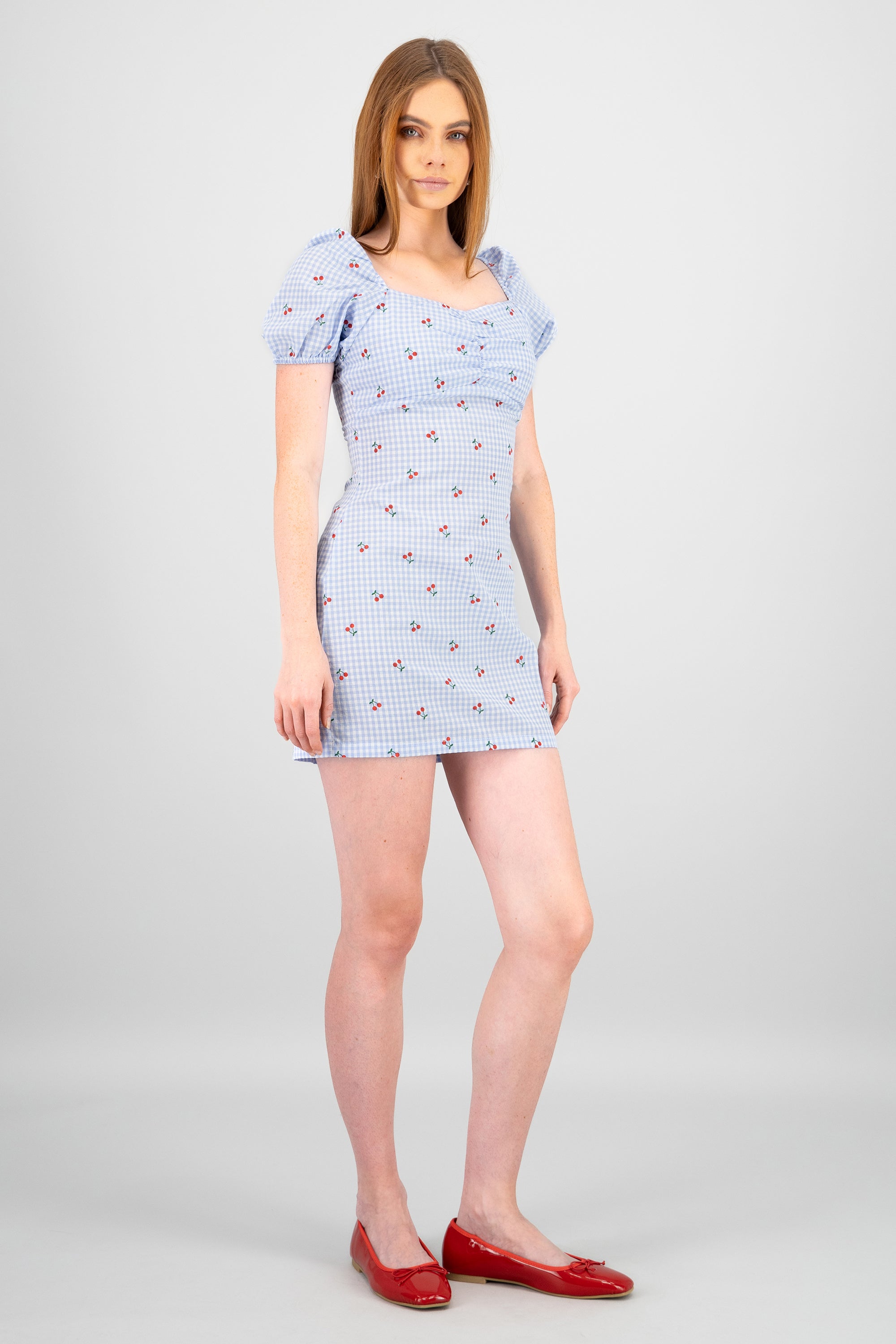 Vestido cuadros cerezas AZUL CIELO