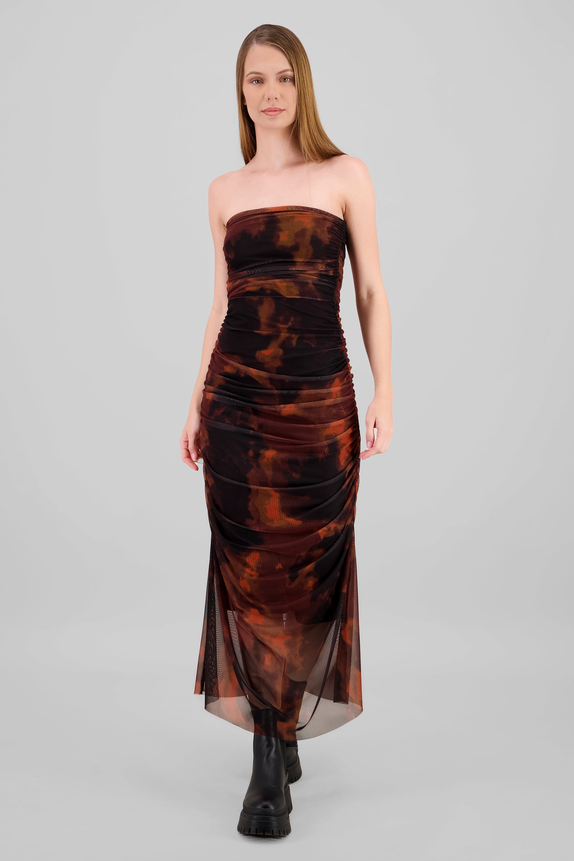 Vestido maxi mesh drapeado strapples NARANJA COMBO