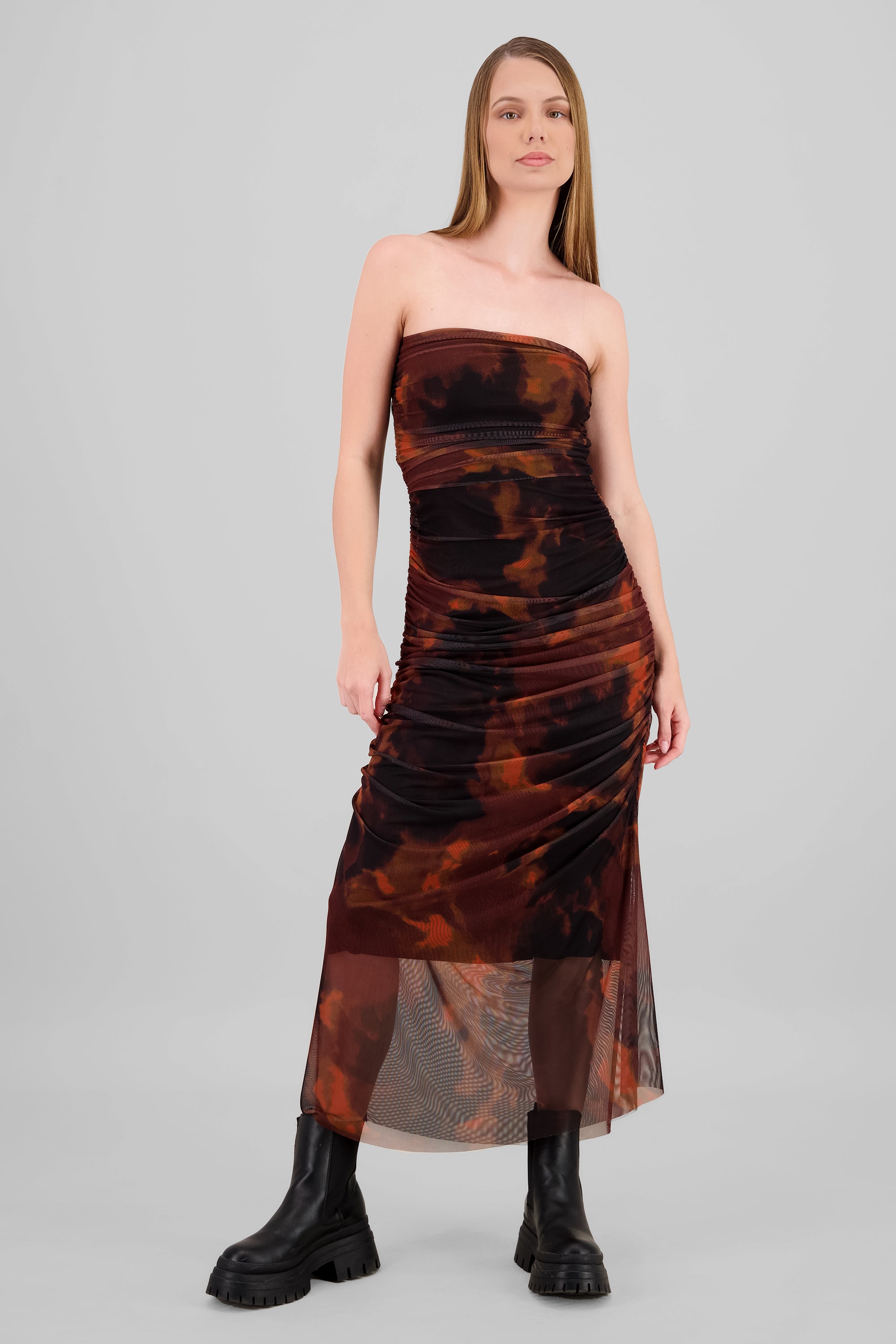 Vestido maxi mesh drapeado strapples NARANJA COMBO
