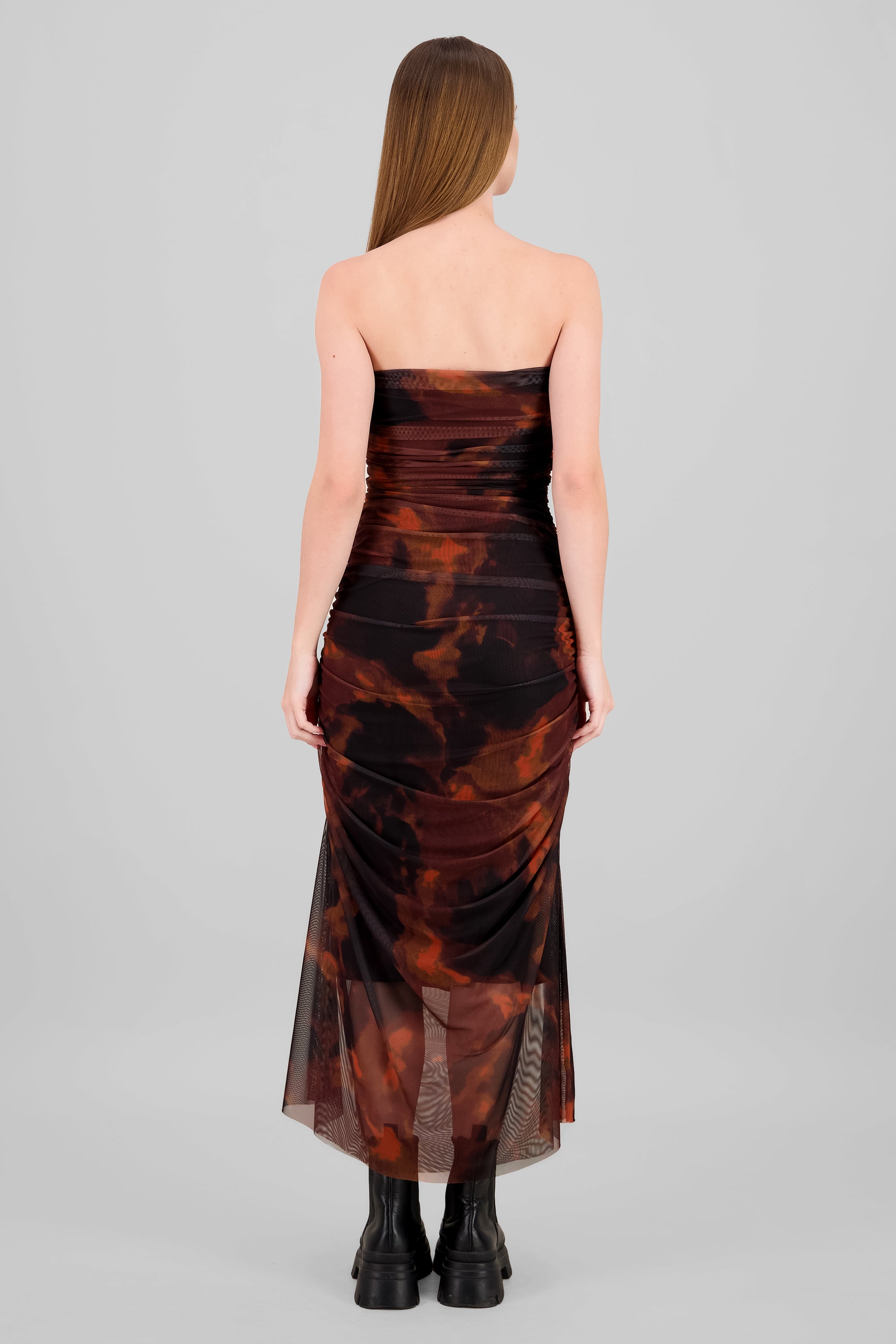 Vestido maxi mesh drapeado strapples NARANJA COMBO