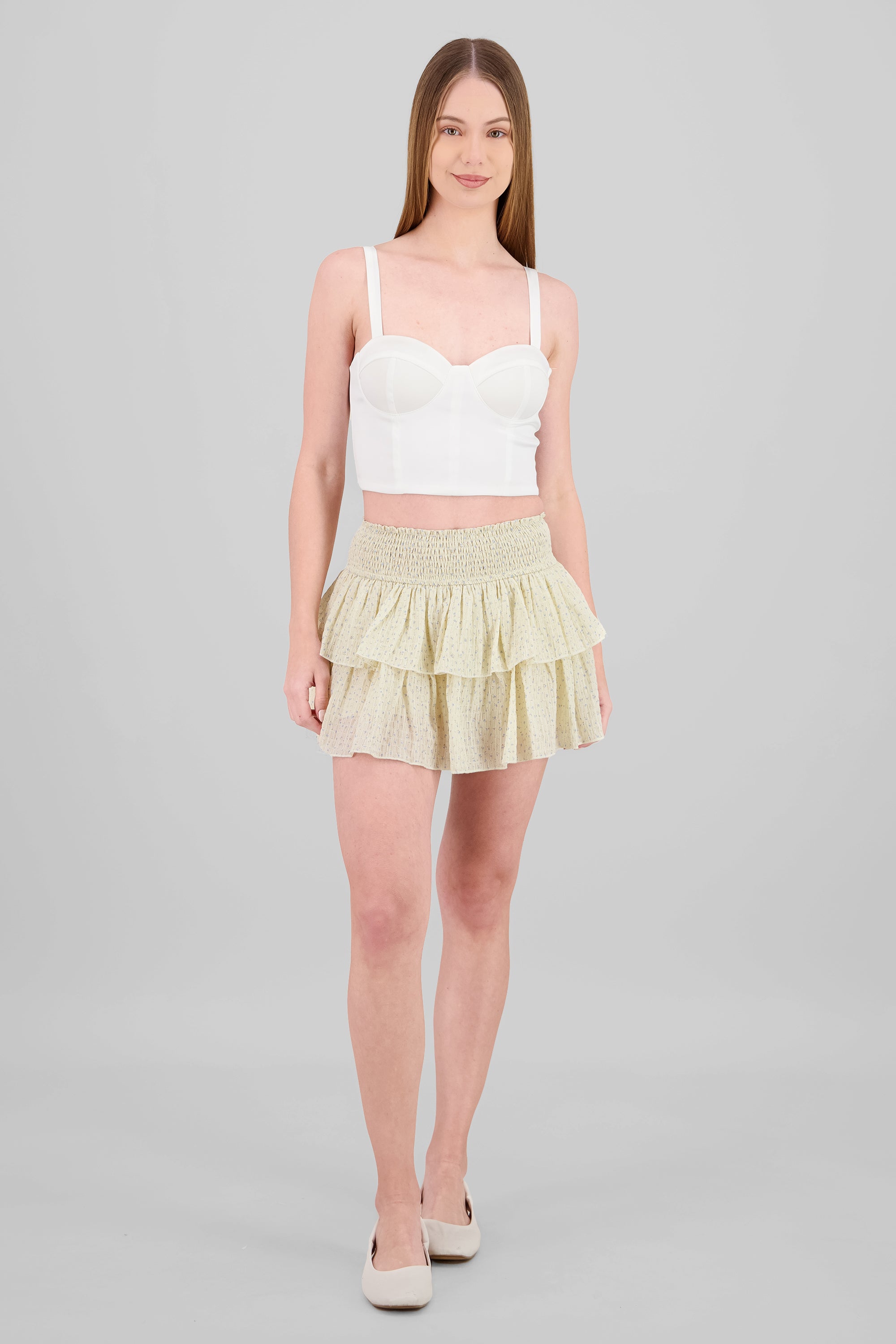 Falda doble olan con smock en cintura BEIGE