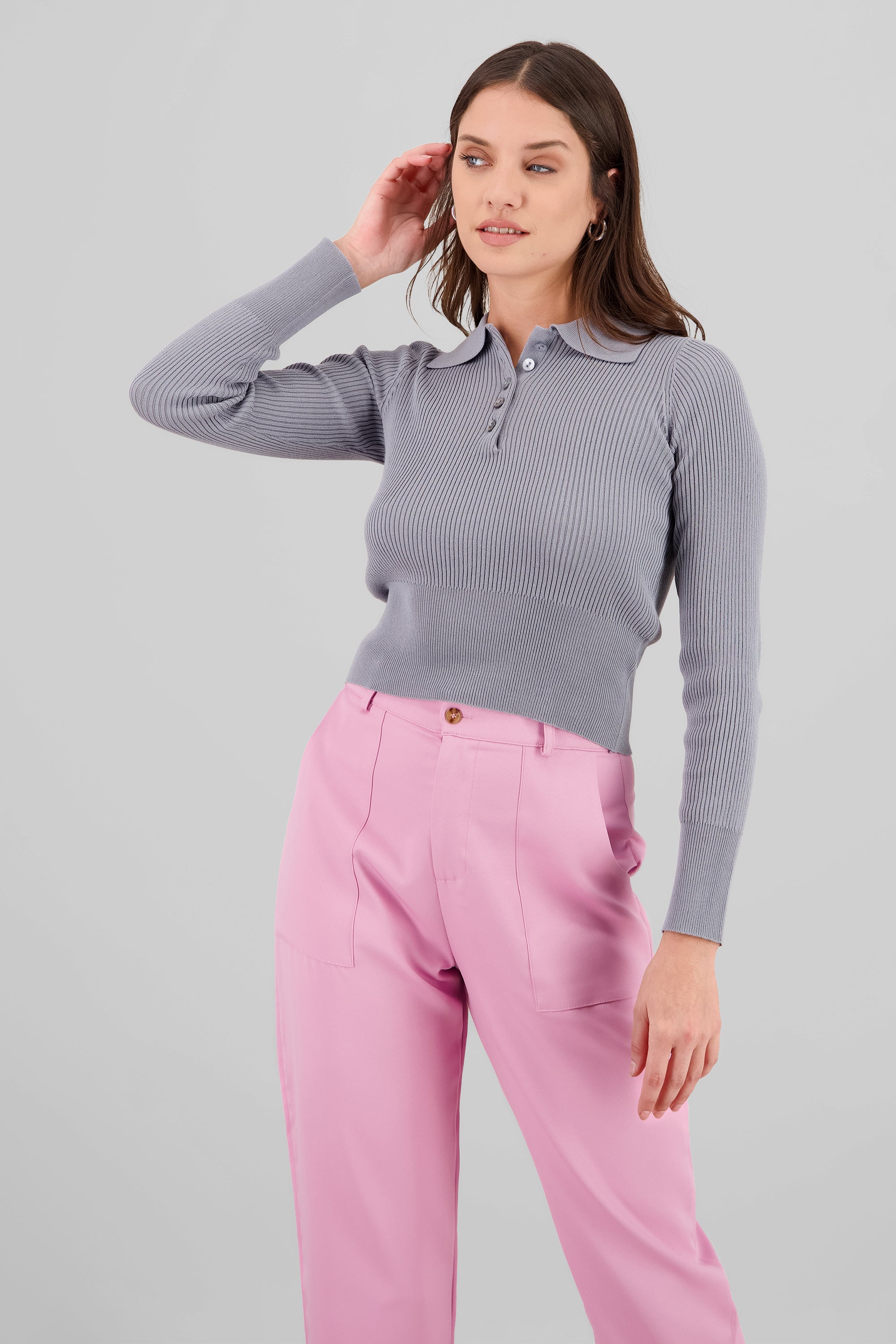 Sueter tejido ligero crop GRIS JASPE