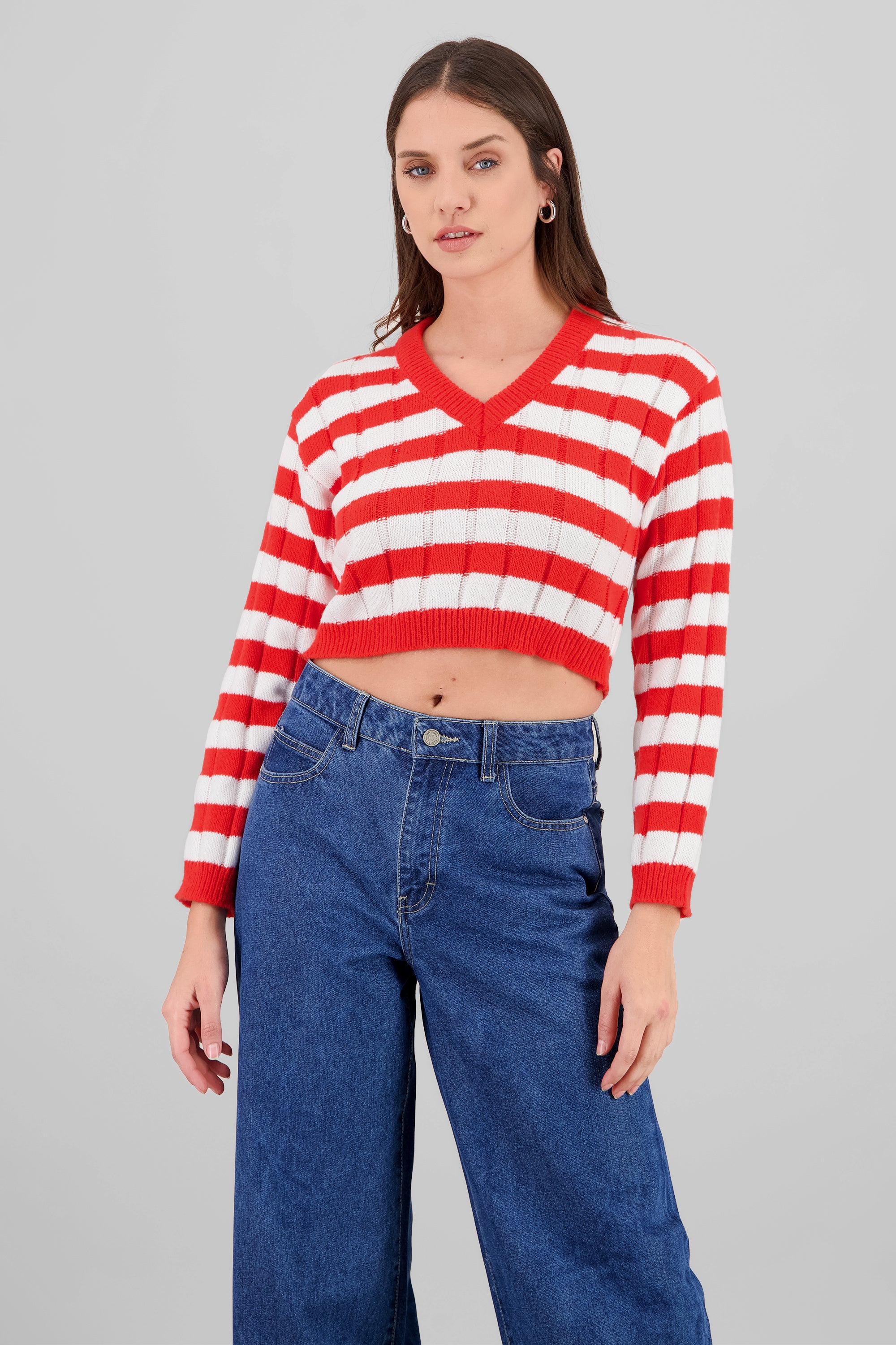 Sueter con rayas cuello en V ROJO COMBO