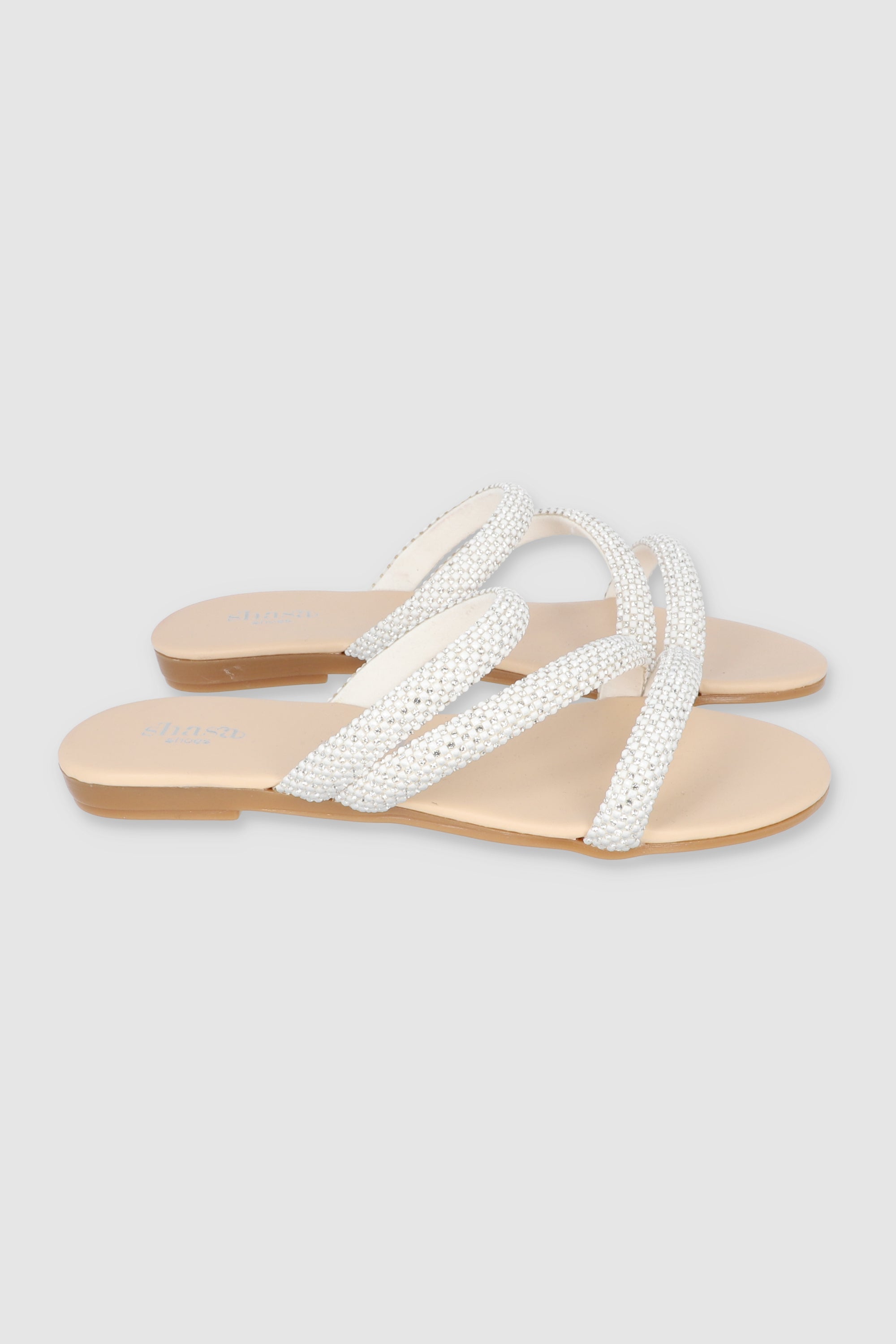 Sandalia tiras diagonal brillos NUDE