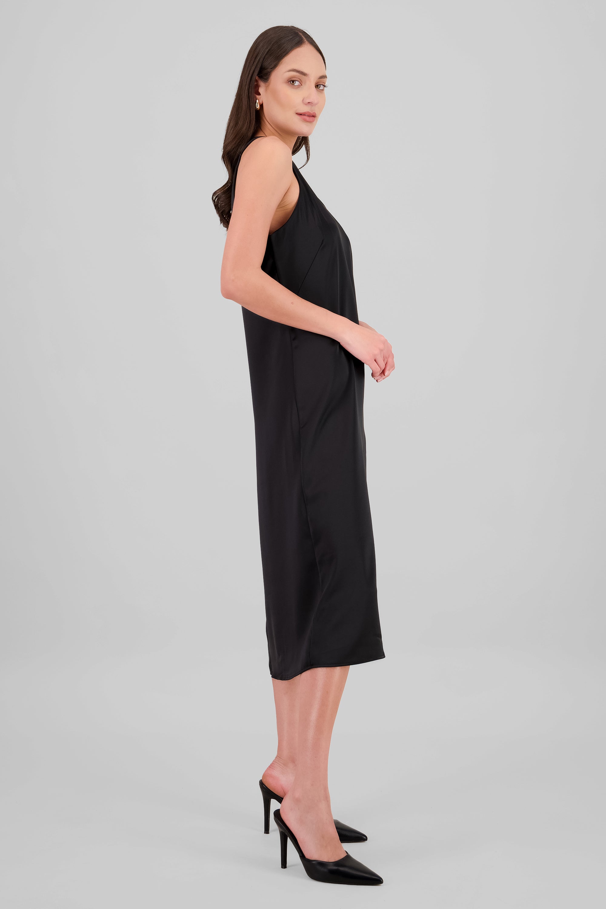 Vestido midi satin cuello redondo NEGRO
