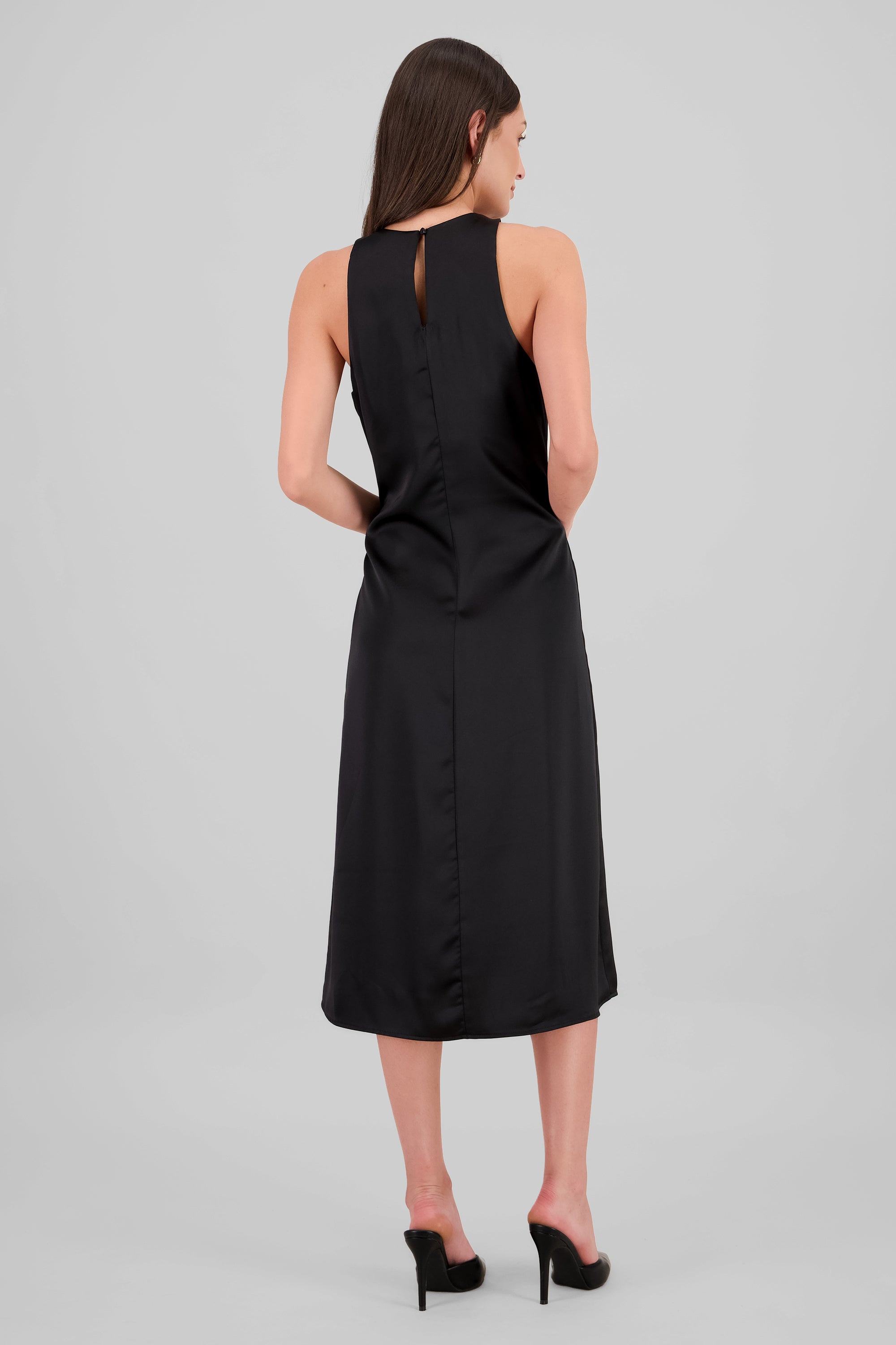 Vestido midi satin cuello redondo NEGRO