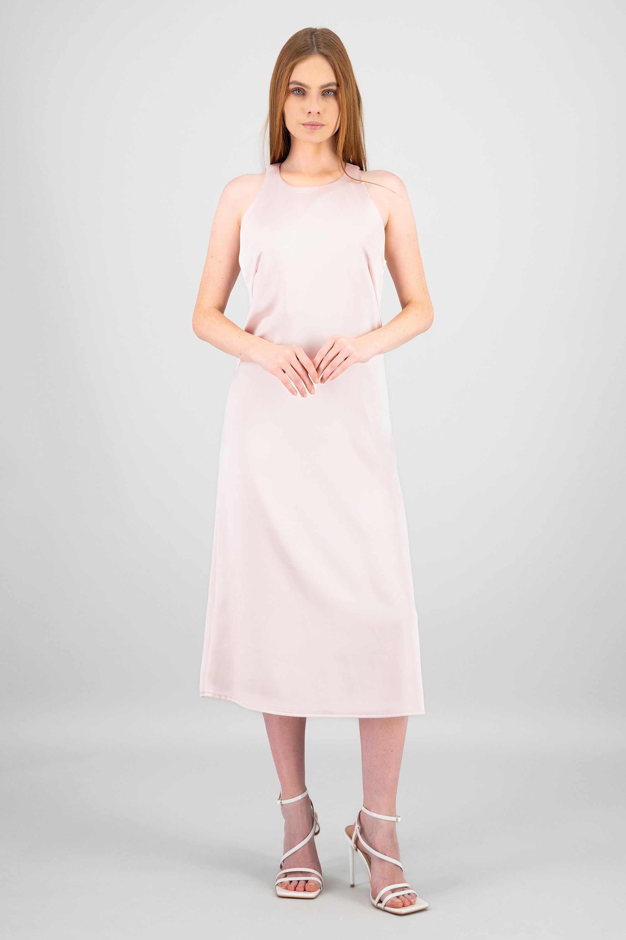 Vestido midi satin cuello redondo ROSA