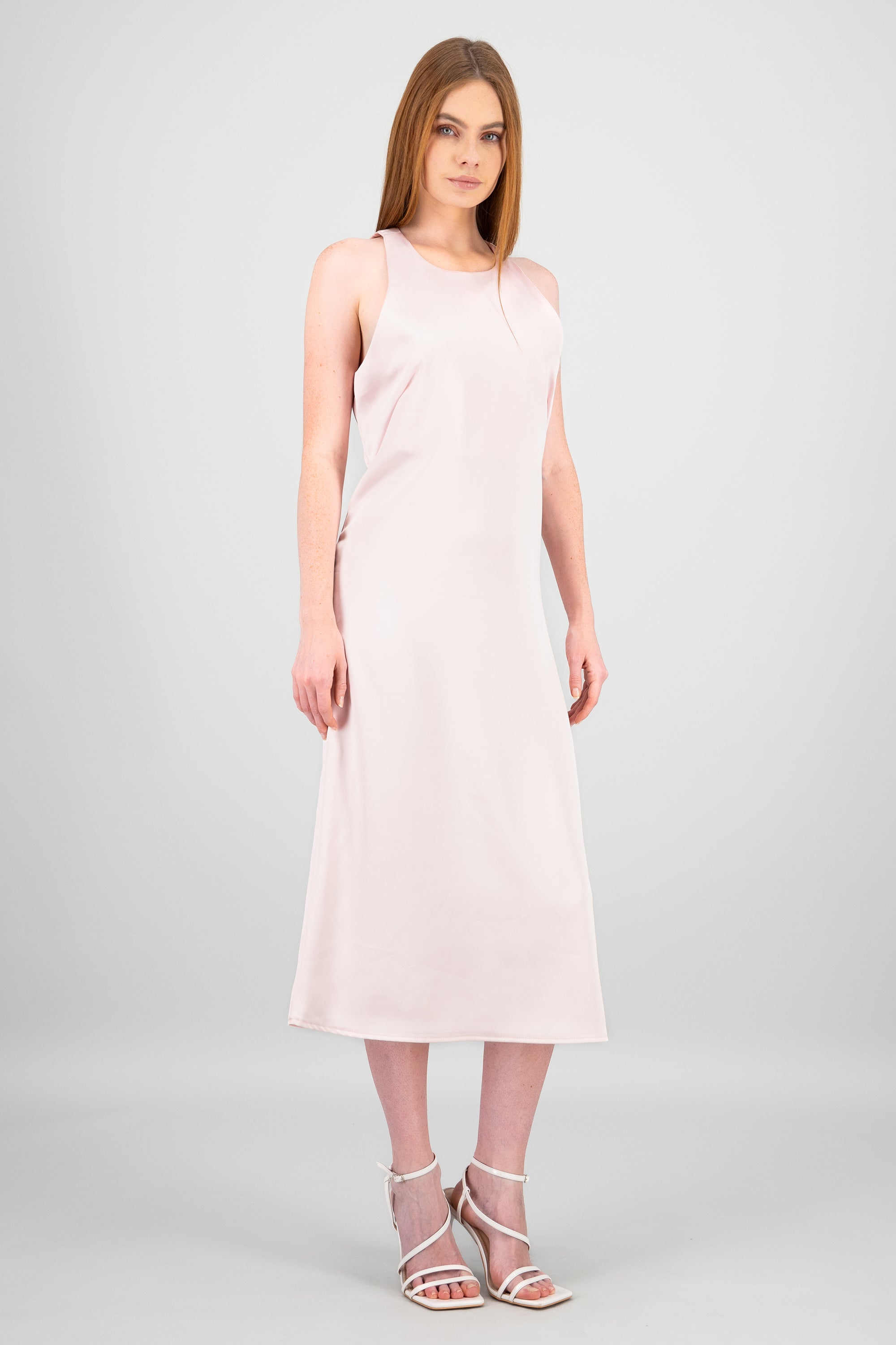 Vestido midi satin cuello redondo ROSA