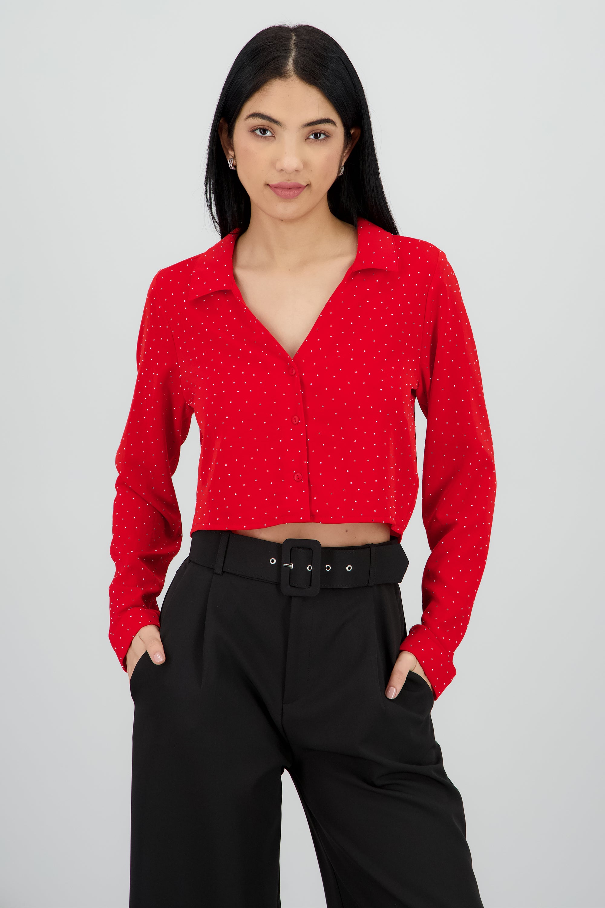 Blusa crop manga larga con brillos Hypsters ROJO