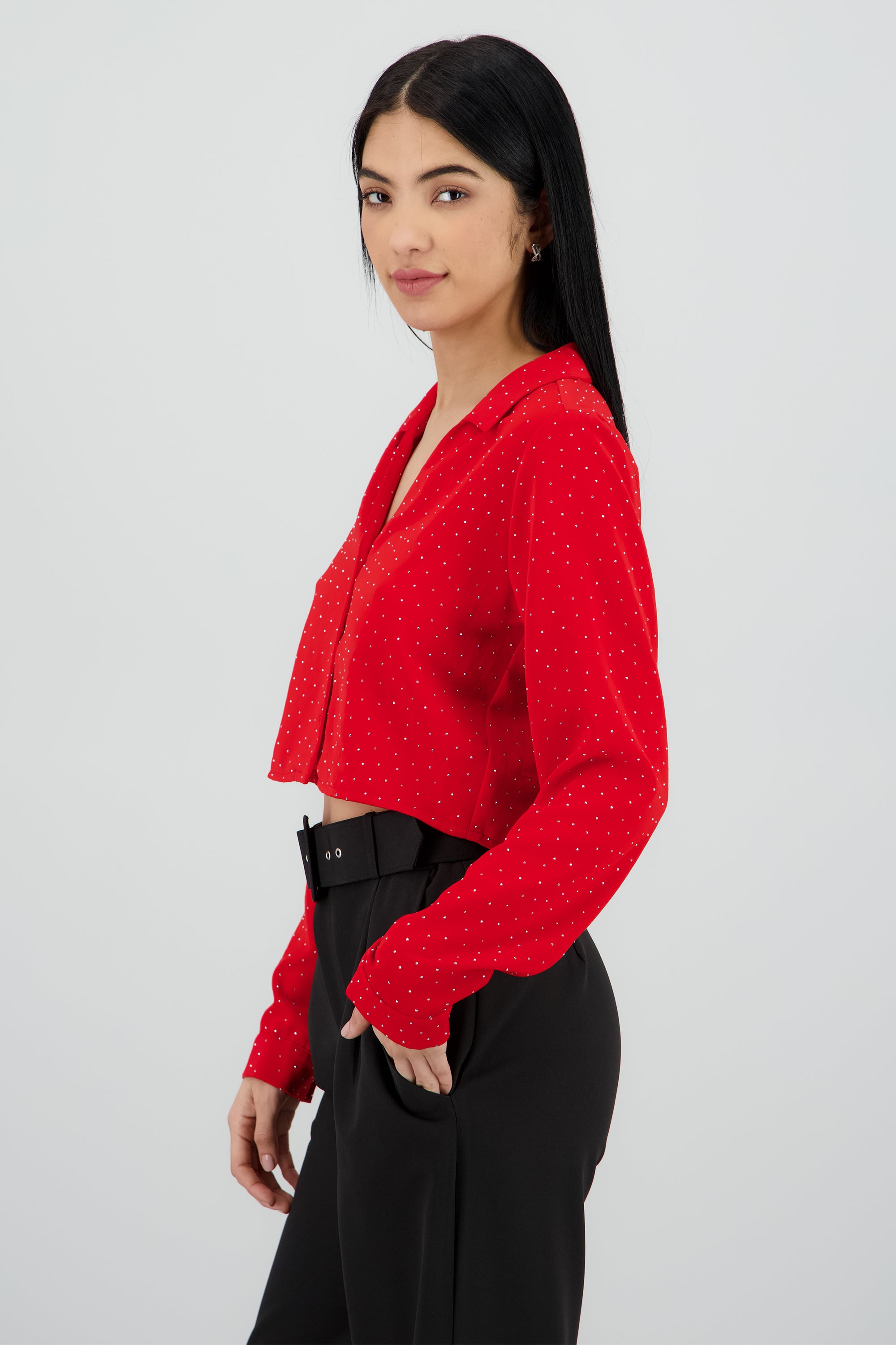 Blusa crop manga larga con brillos Hypsters ROJO