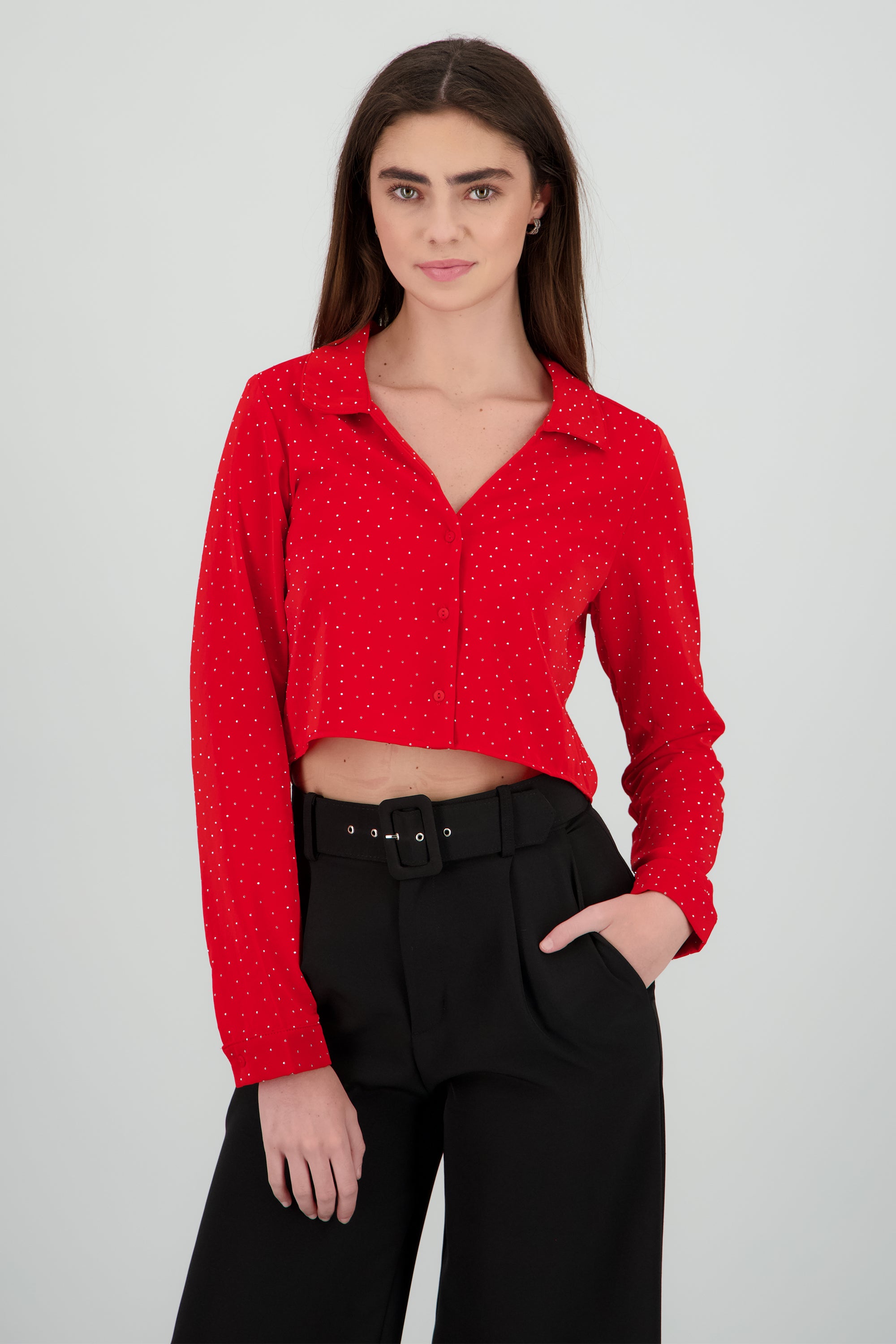 Blusa crop manga larga con brillos Hypsters ROJO QUEMADO