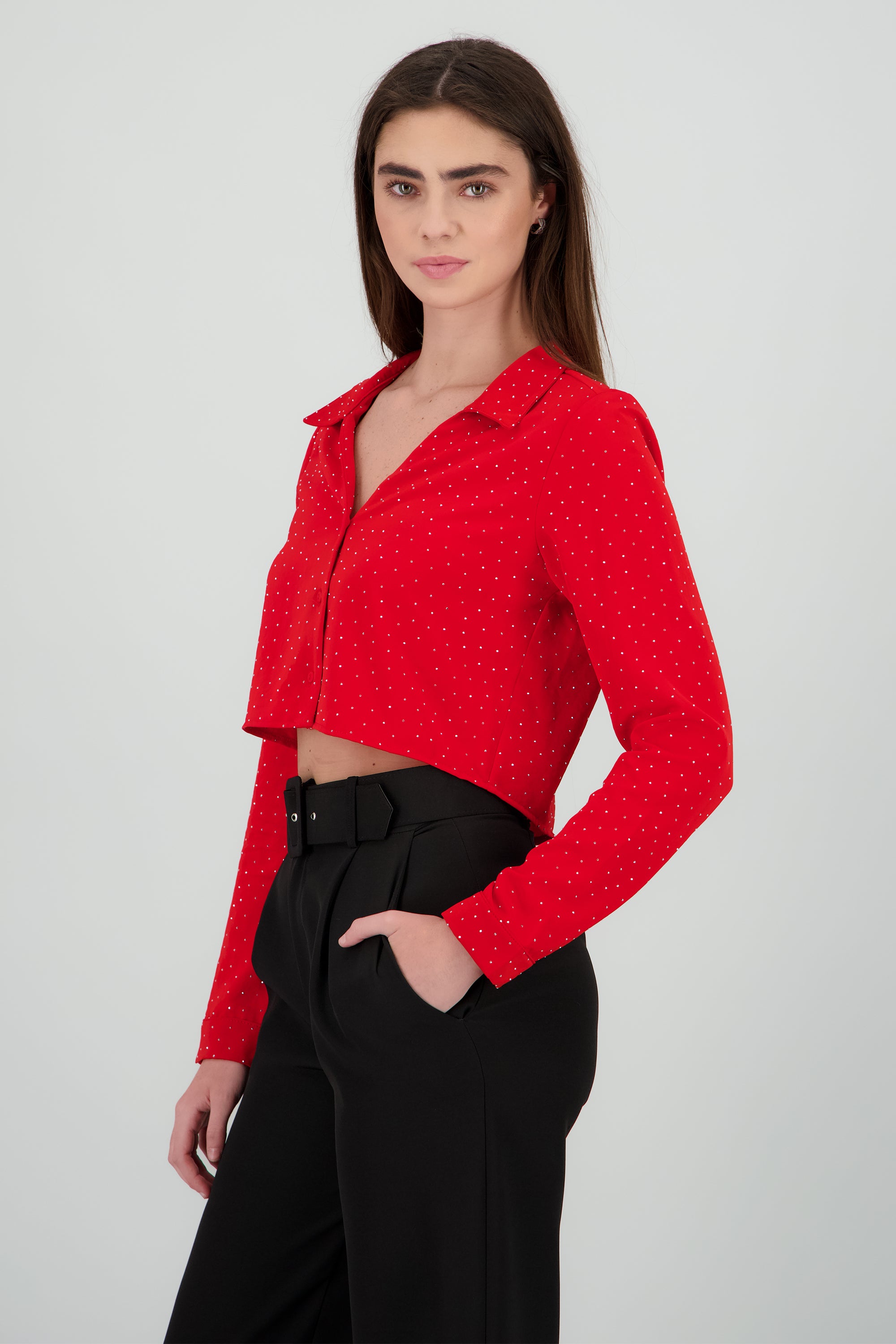 Blusa crop manga larga con brillos Hypsters ROJO QUEMADO