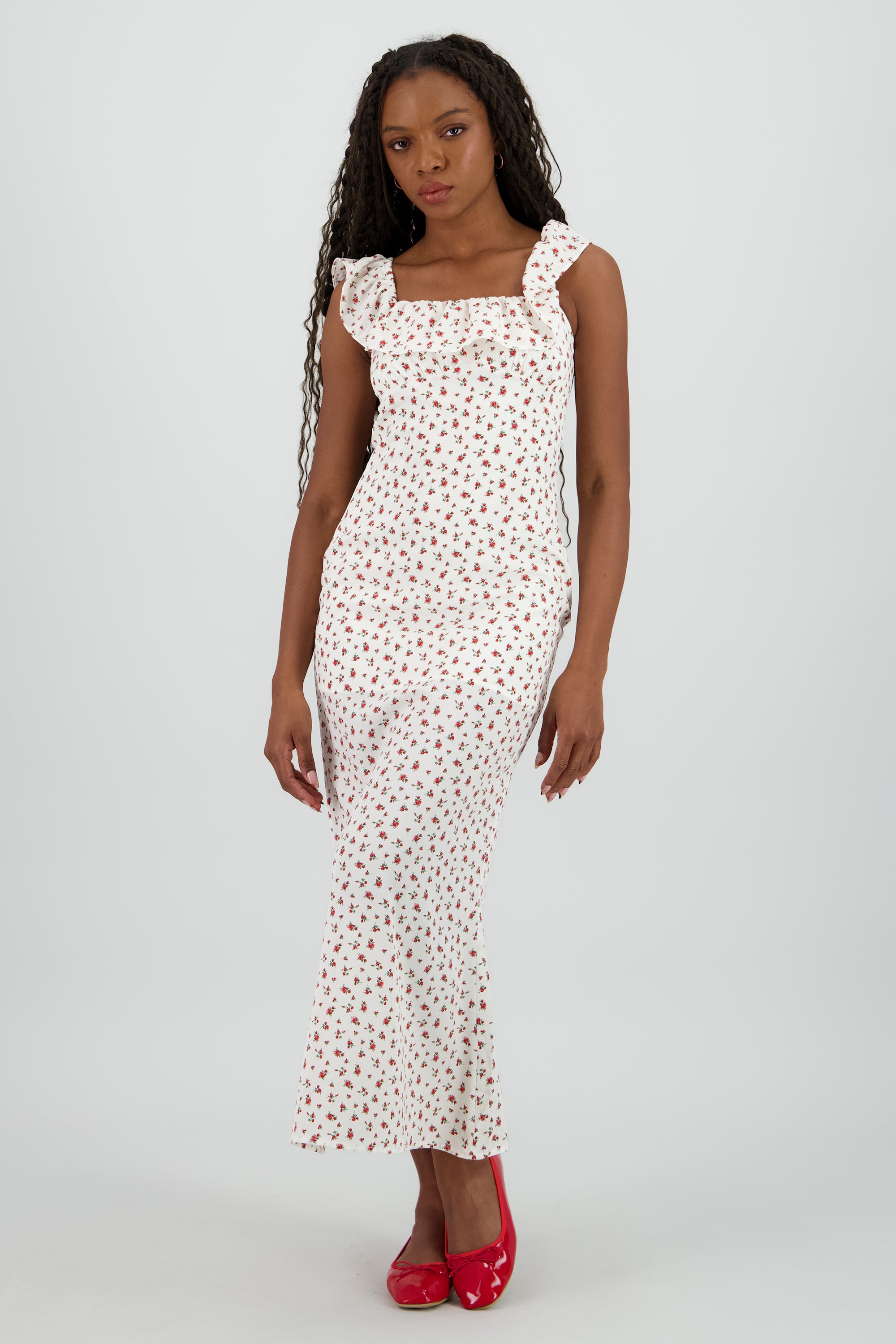 Vestido maxi con detalle olan y estampado de rosas ROJO COMBO