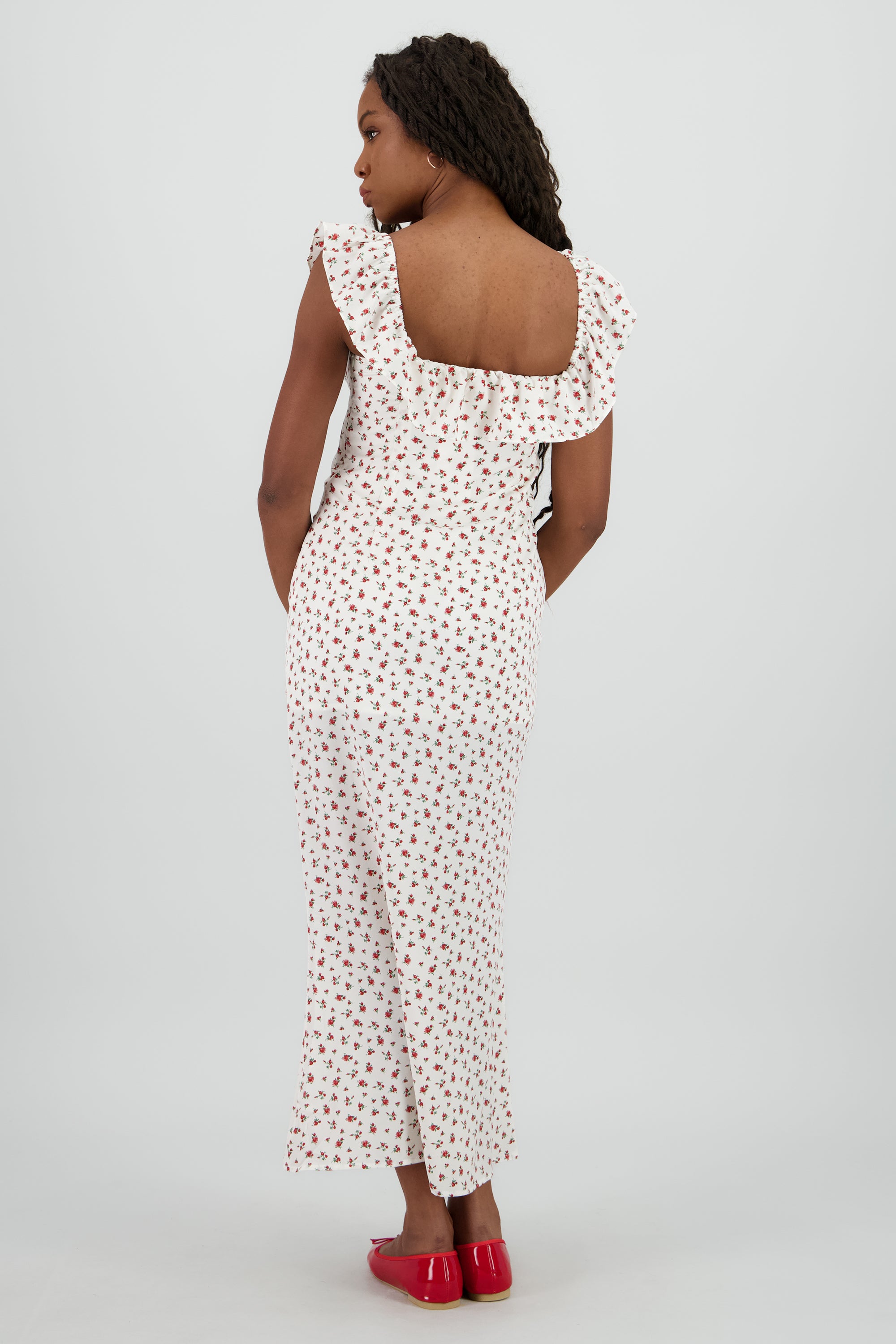 Vestido maxi con detalle olan y estampado de rosas ROJO COMBO