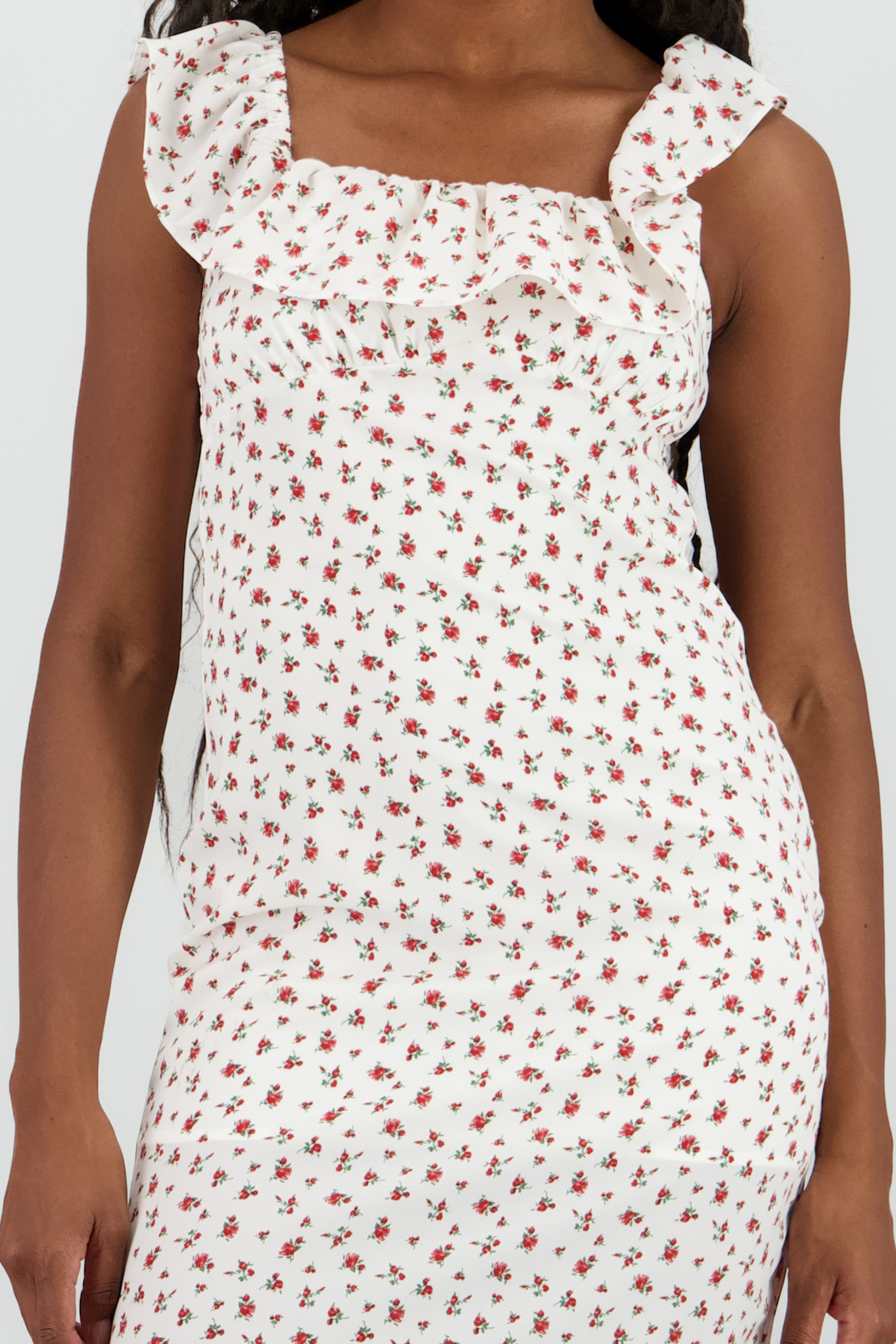 Vestido maxi con detalle olan y estampado de rosas ROJO COMBO