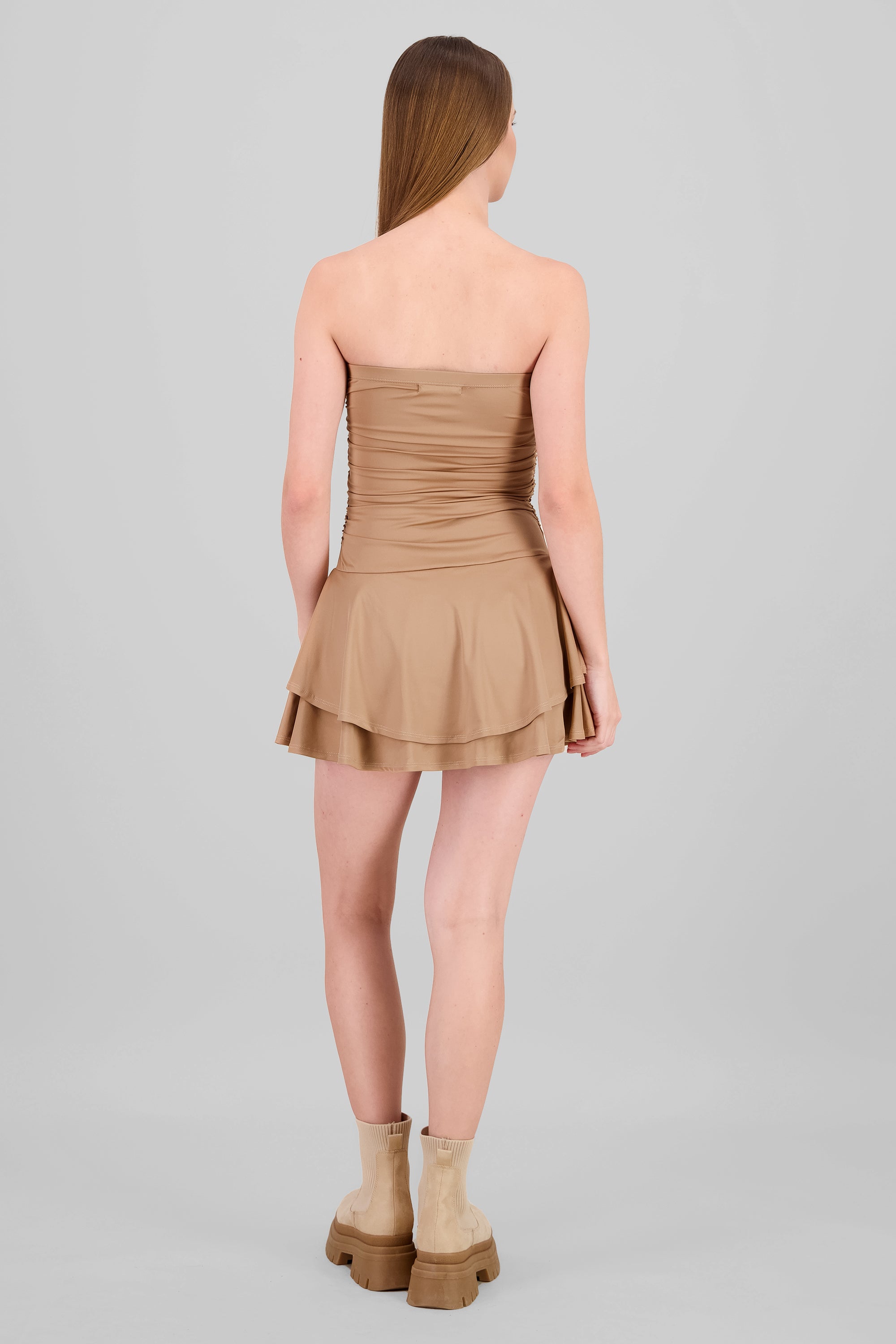 Vestido mini drapeado strapless KHAKI