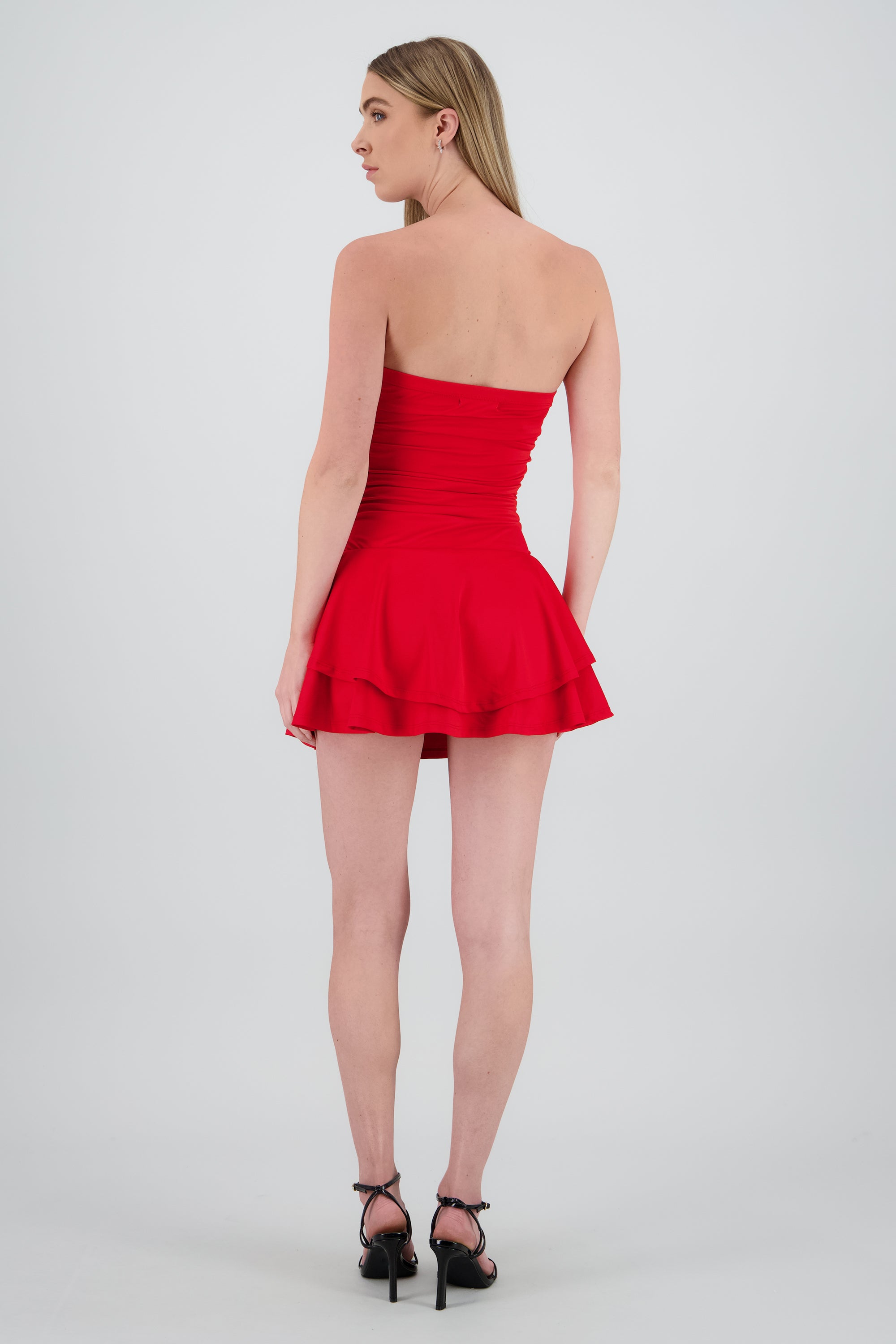 Vestido mini drapeado strapless ROJO