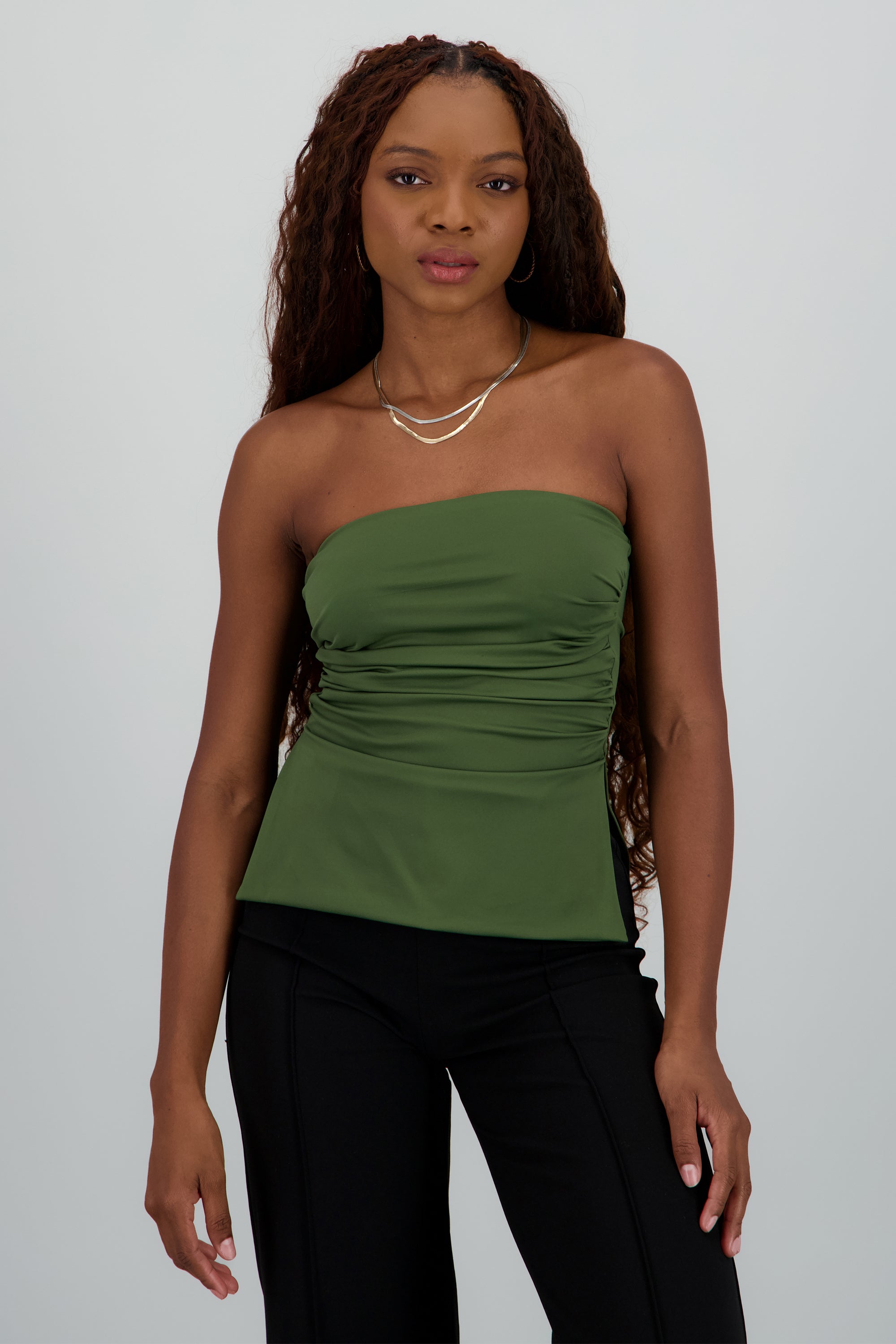 Top tubo drapeado con aberturas en costados VERDE CAZADOR