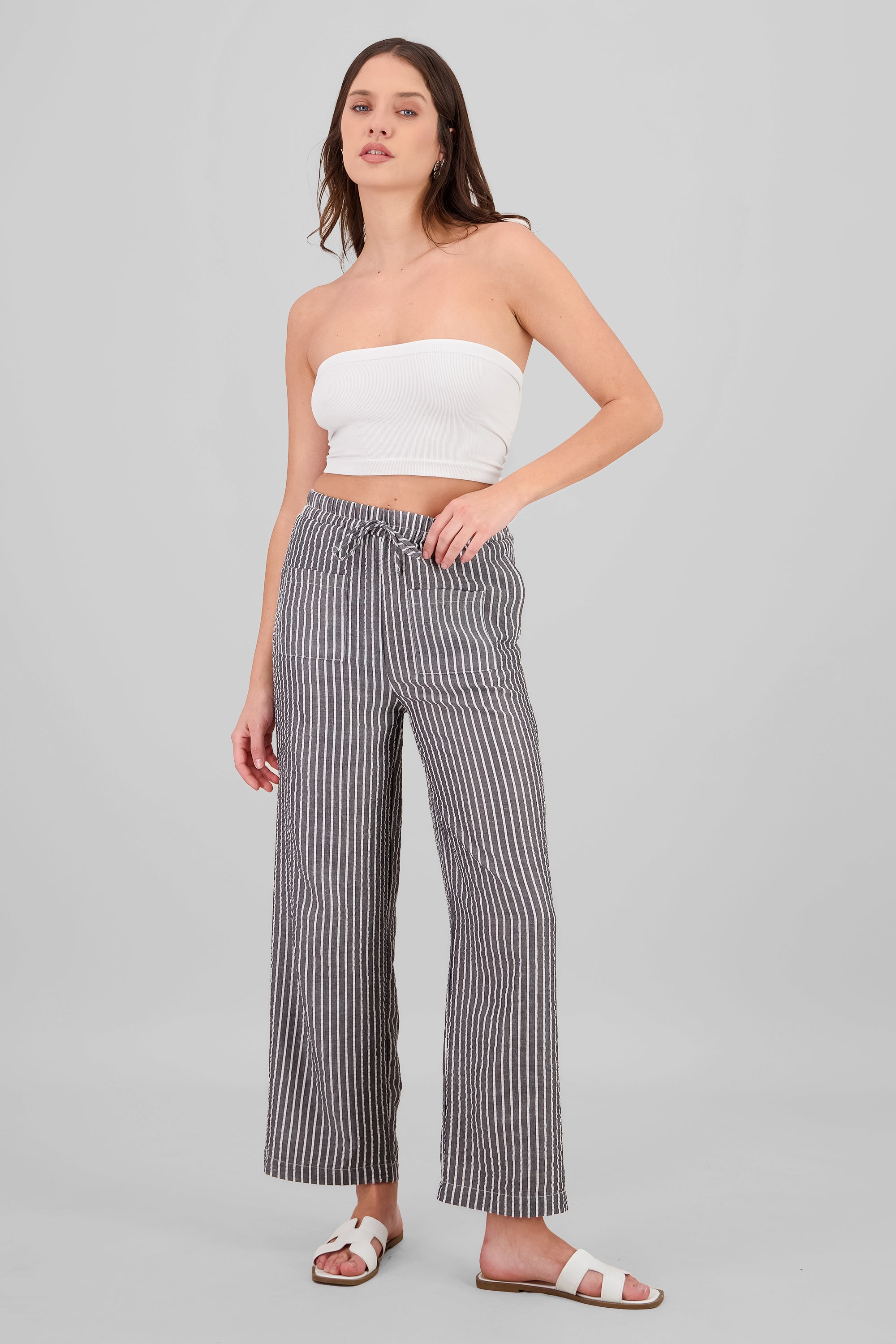 Pantalon recto rayas detalle textura BLANCO COMBO
