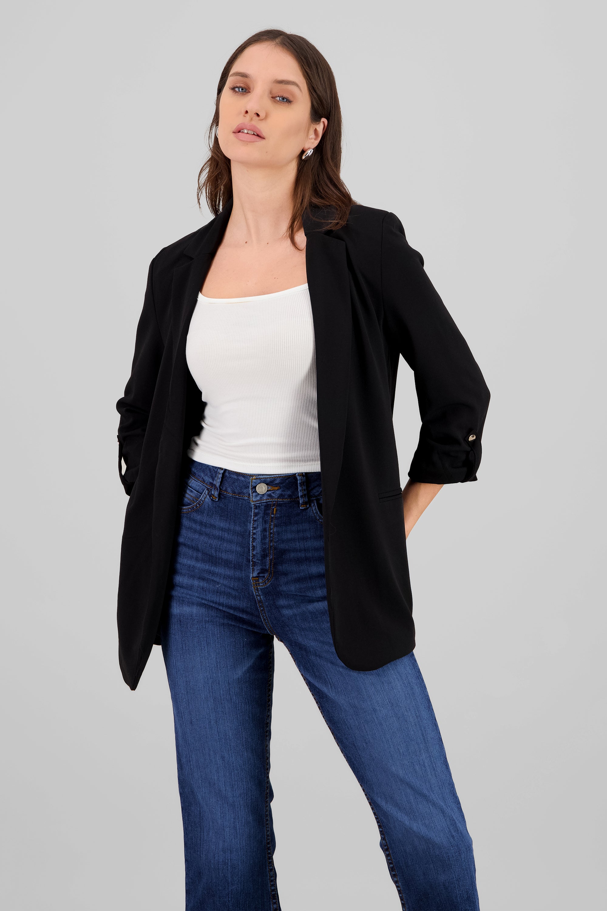 Blazer manga 3/4 con boton liso NEGRO