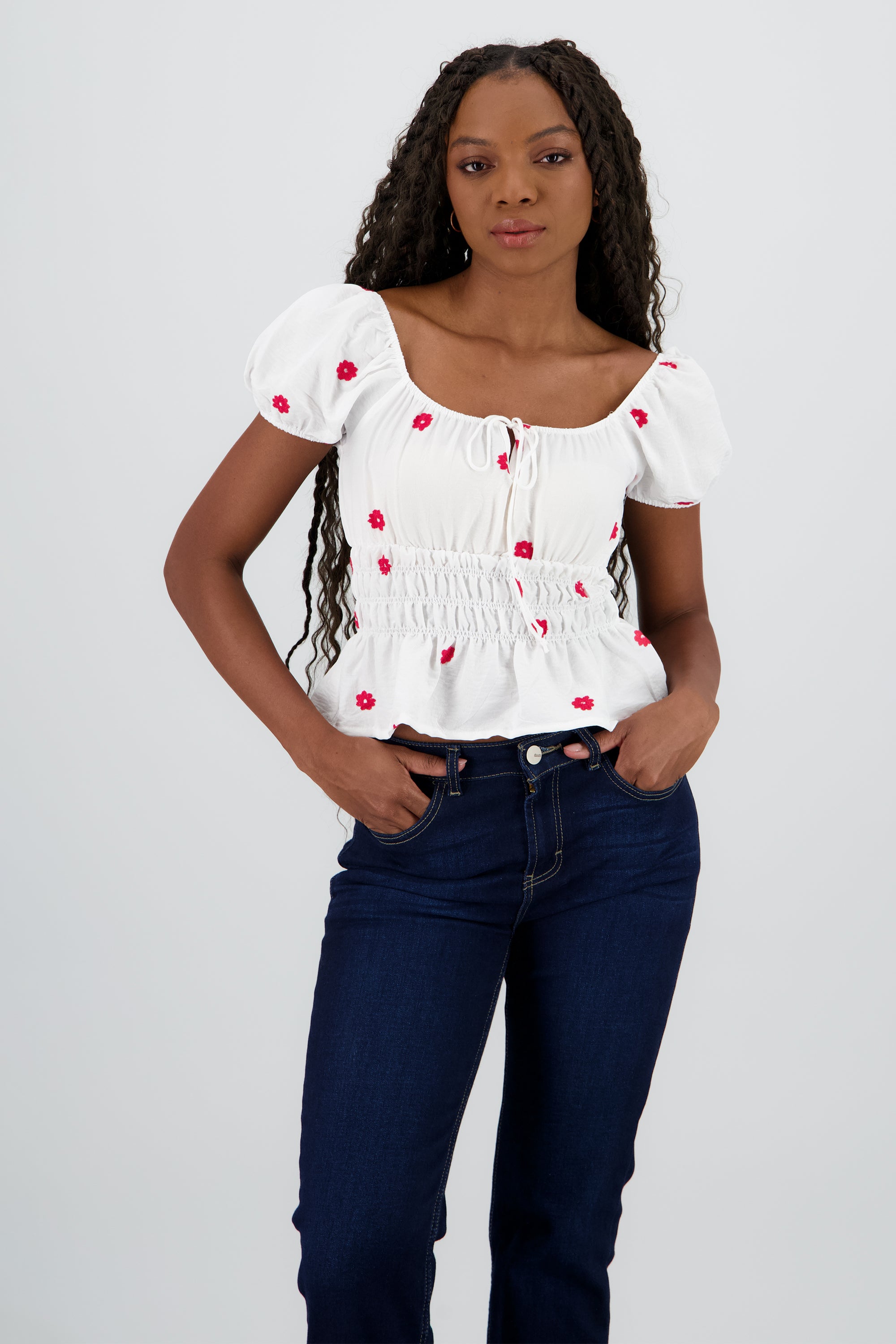 Blusa manga abullonada bordado flores BLANCO COMBO