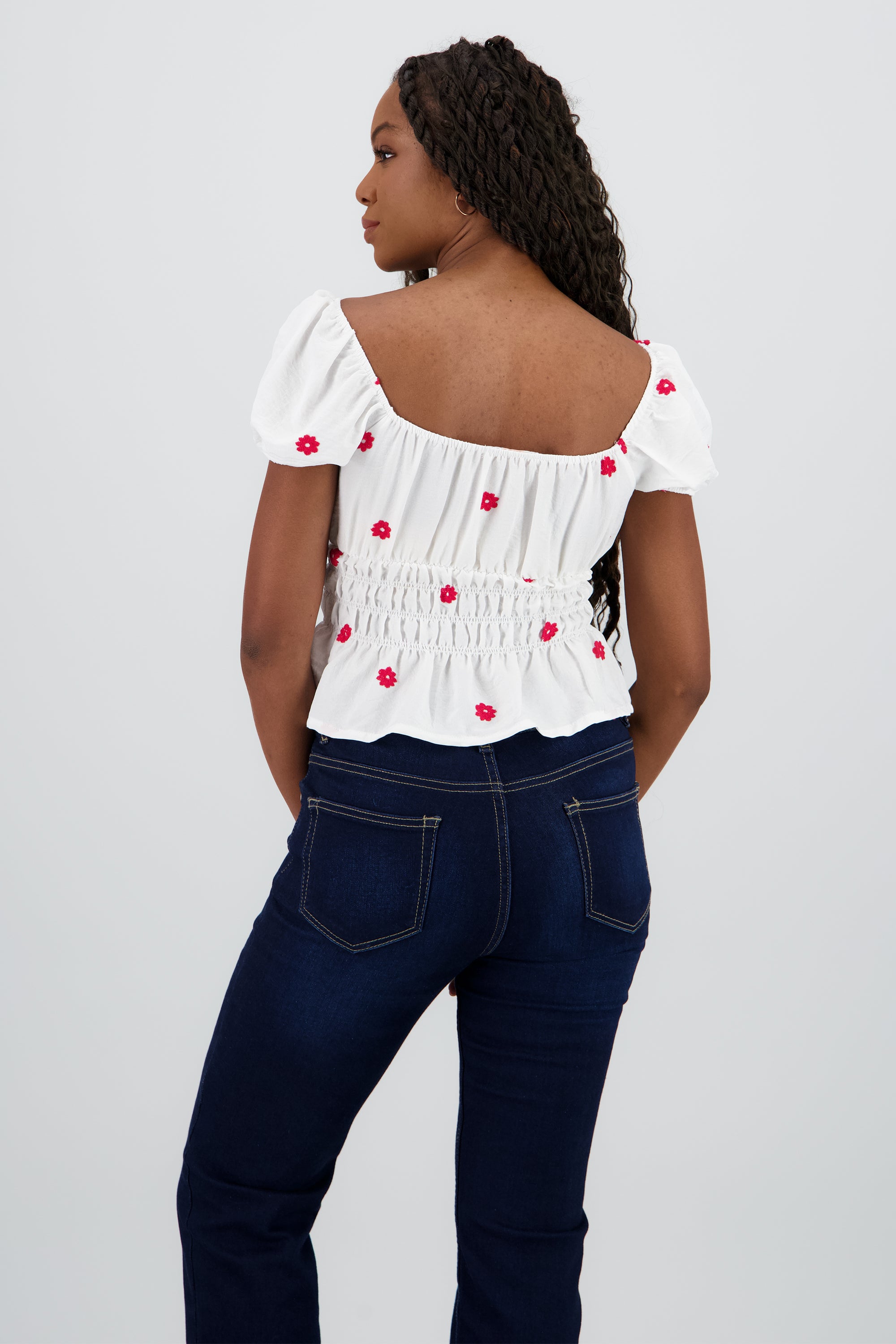 Blusa manga abullonada bordado flores BLANCO COMBO