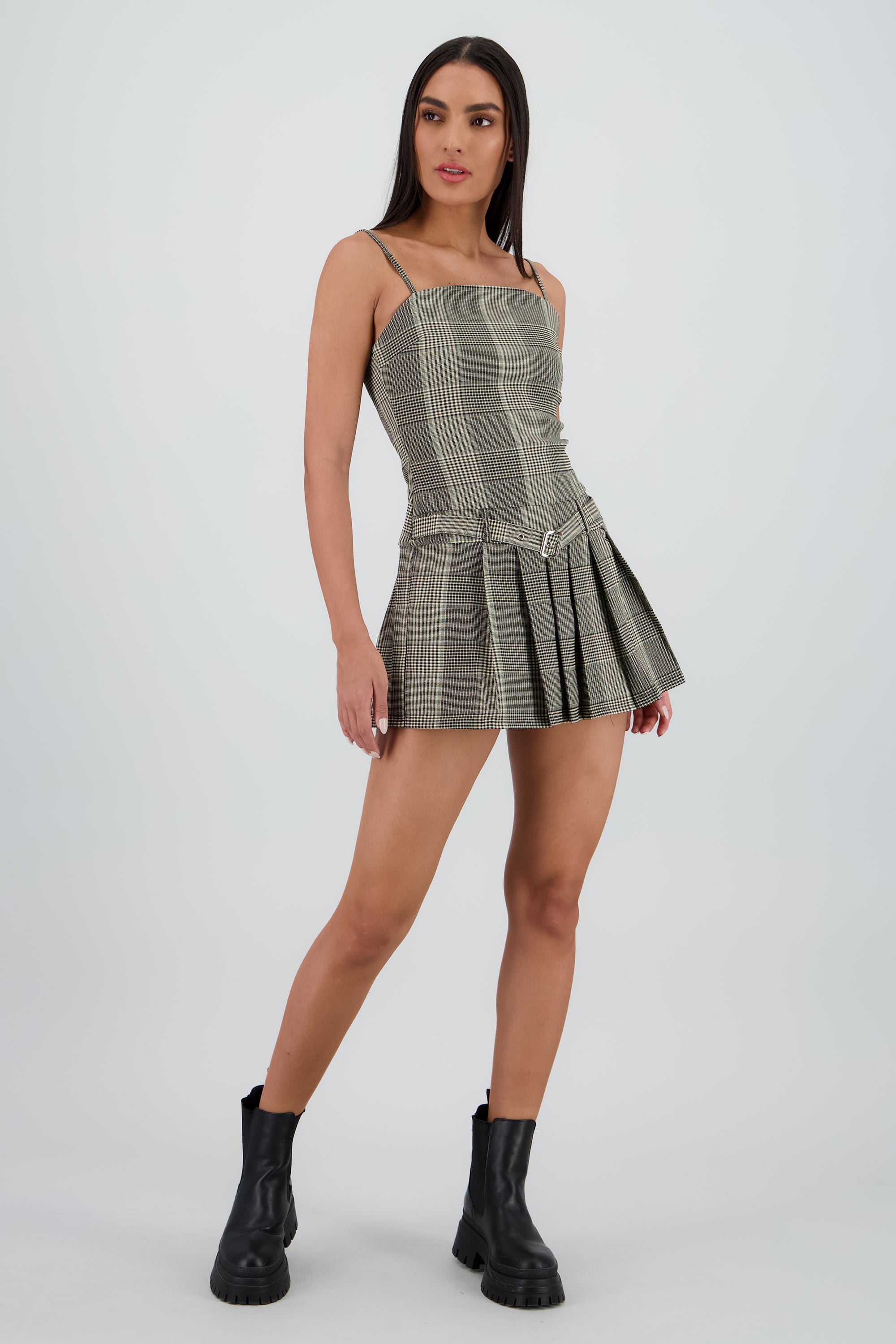 Vestido tableada cuadros con cinturon NEGRO COMBO