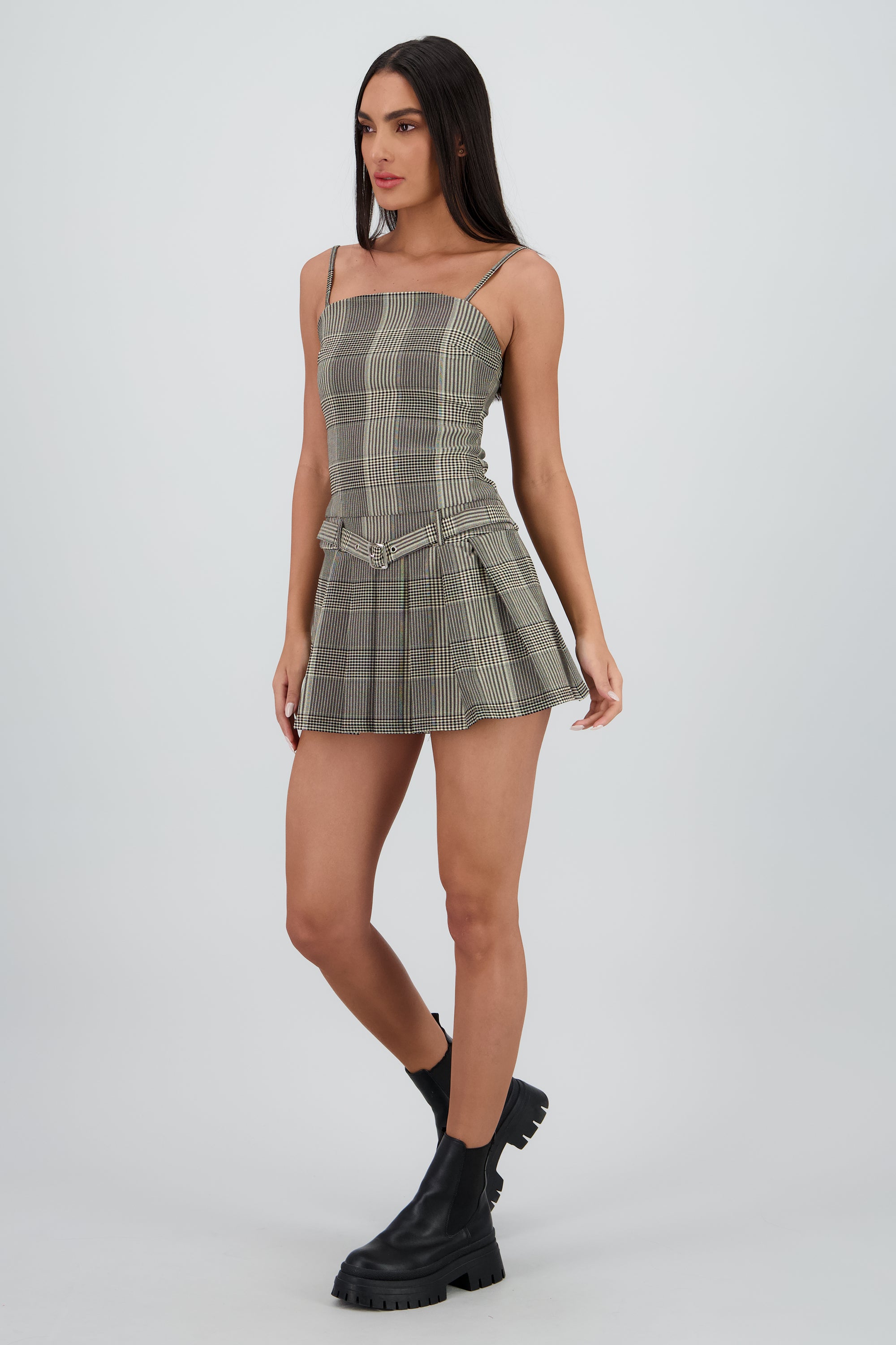 Vestido tableada cuadros con cinturon NEGRO COMBO