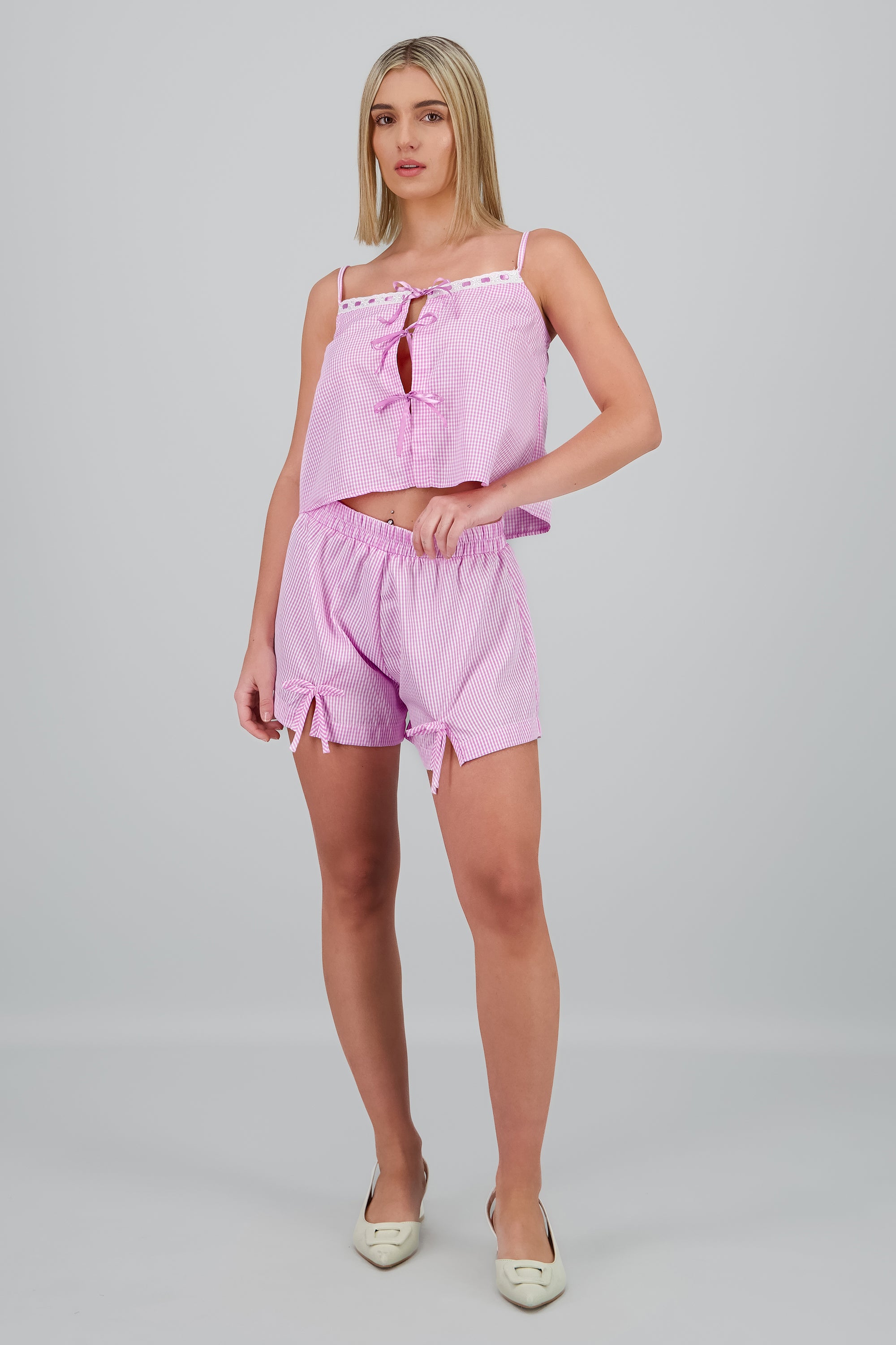 Short cuadros detalle moños ROSA COMBO