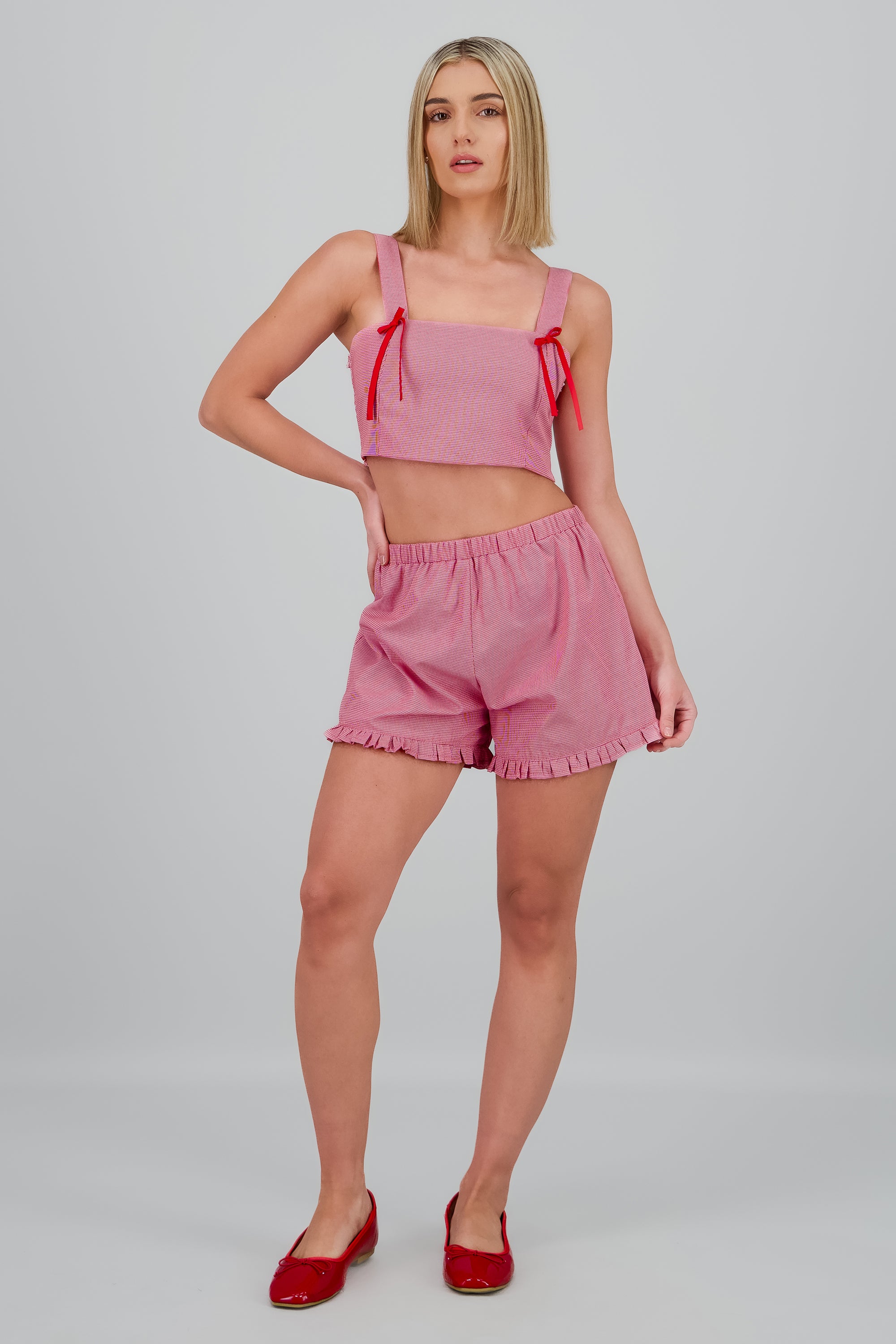 Short cuadros detalle olanes ROJO COMBO