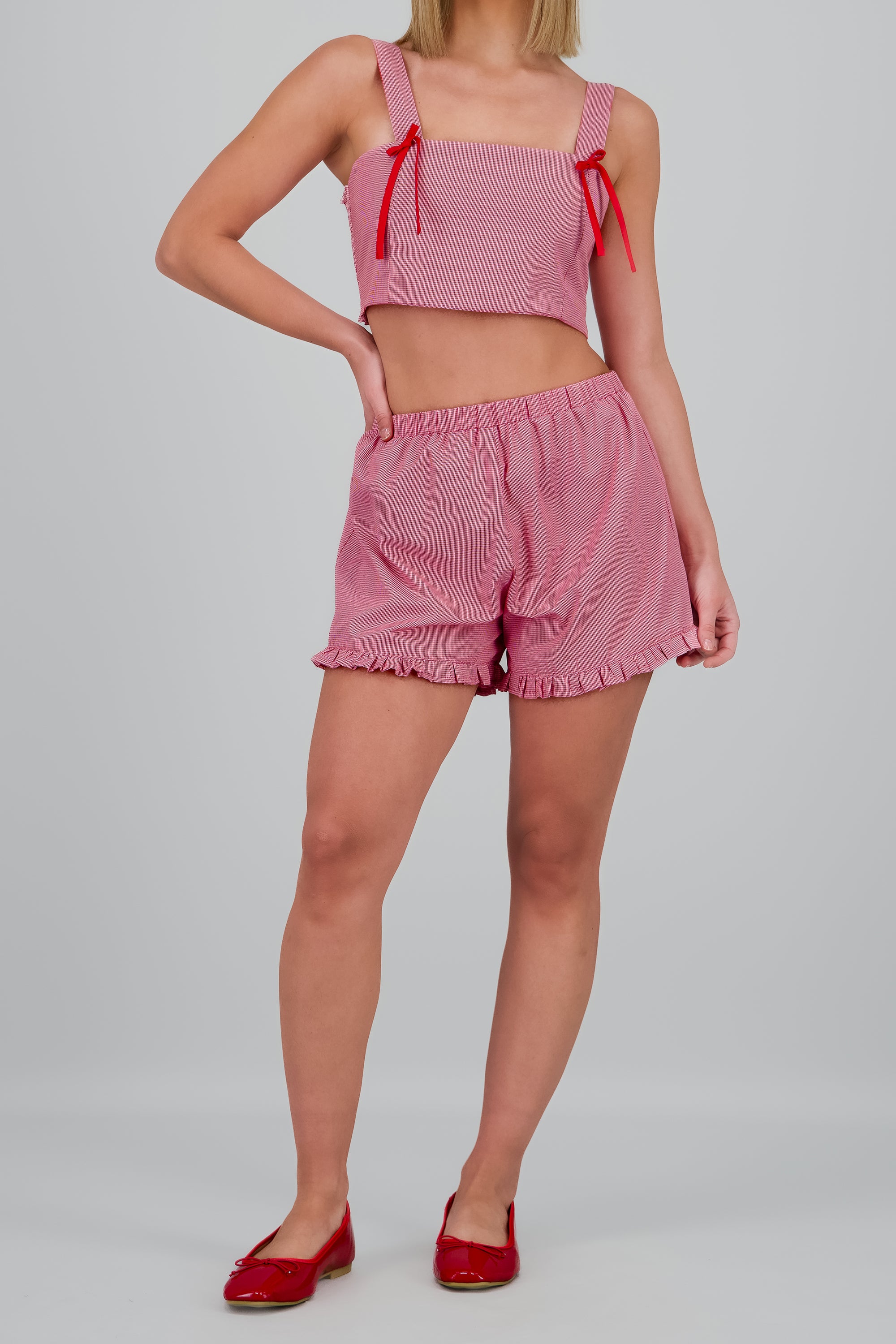 Short cuadros detalle olanes ROJO COMBO
