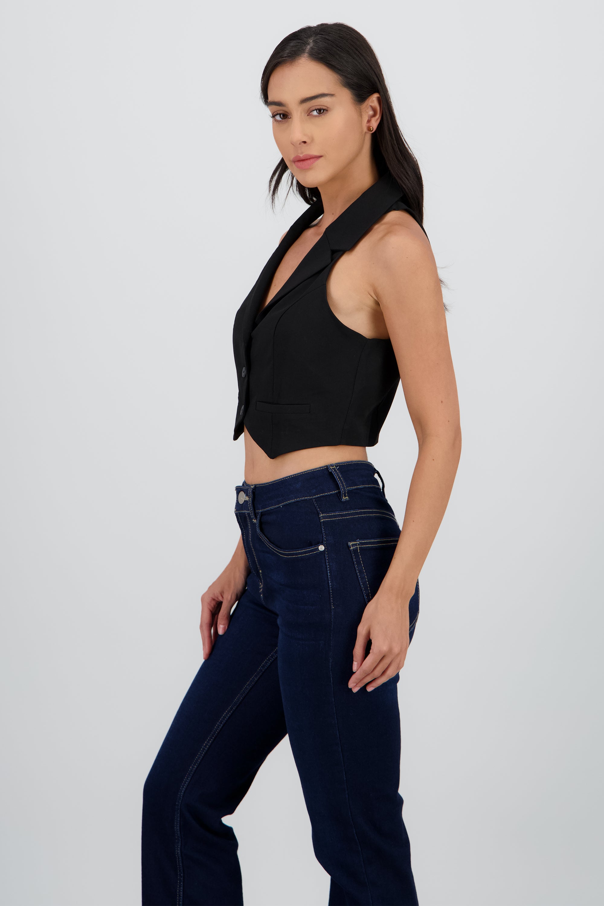 Chaleco liso con solapa NEGRO