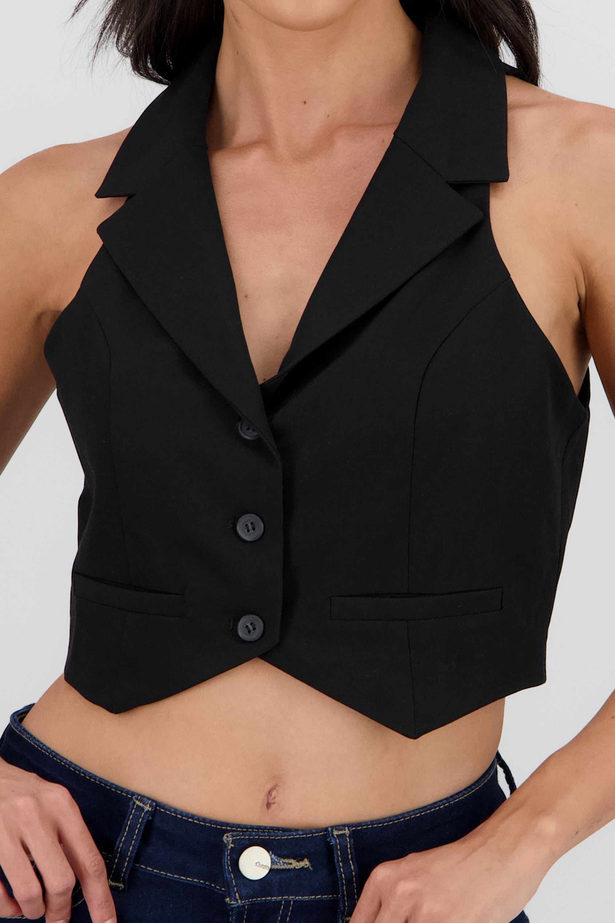 Chaleco liso con solapa NEGRO
