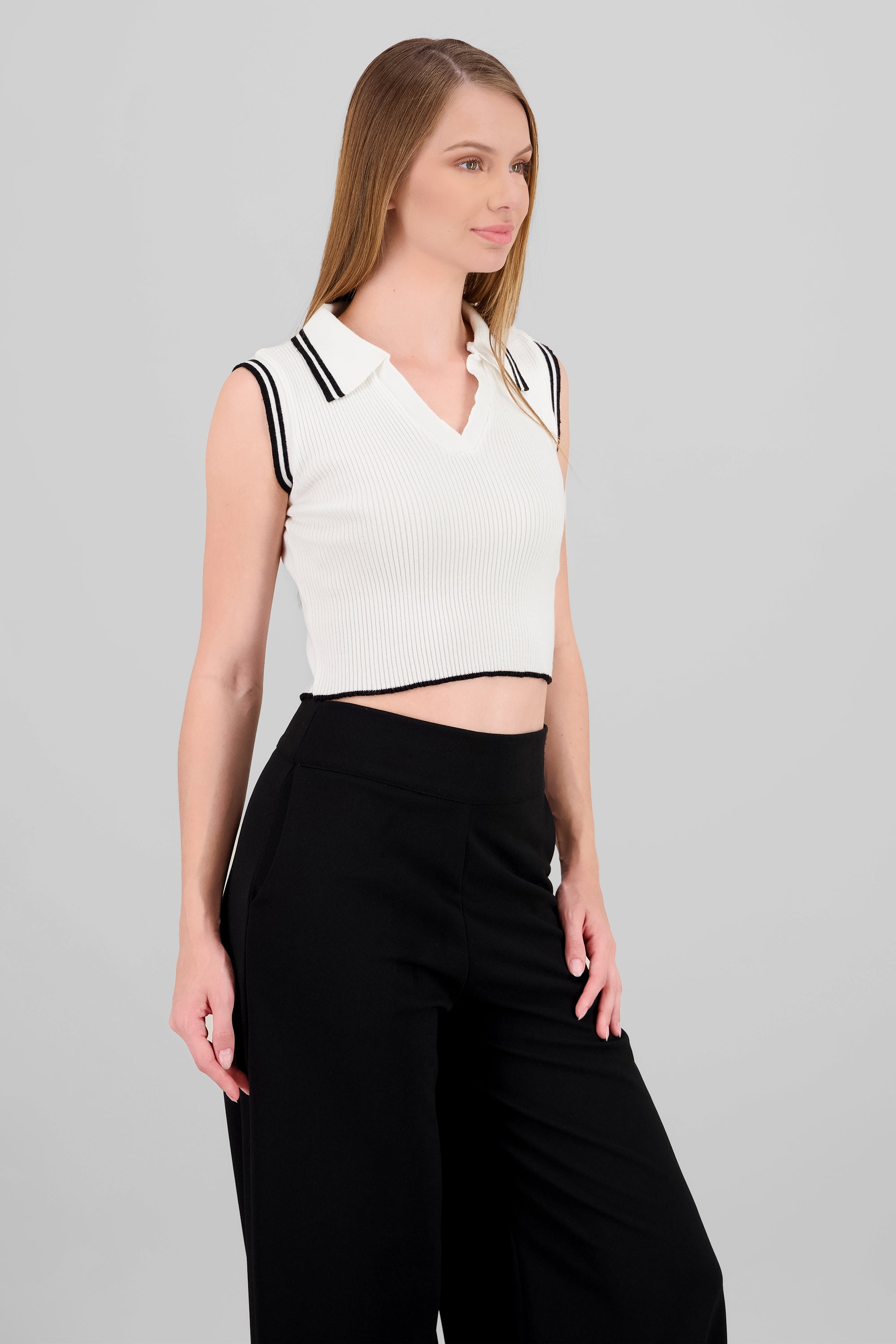 Top cuello polo sin manga detalle contraste Hyp HUESO COMBO