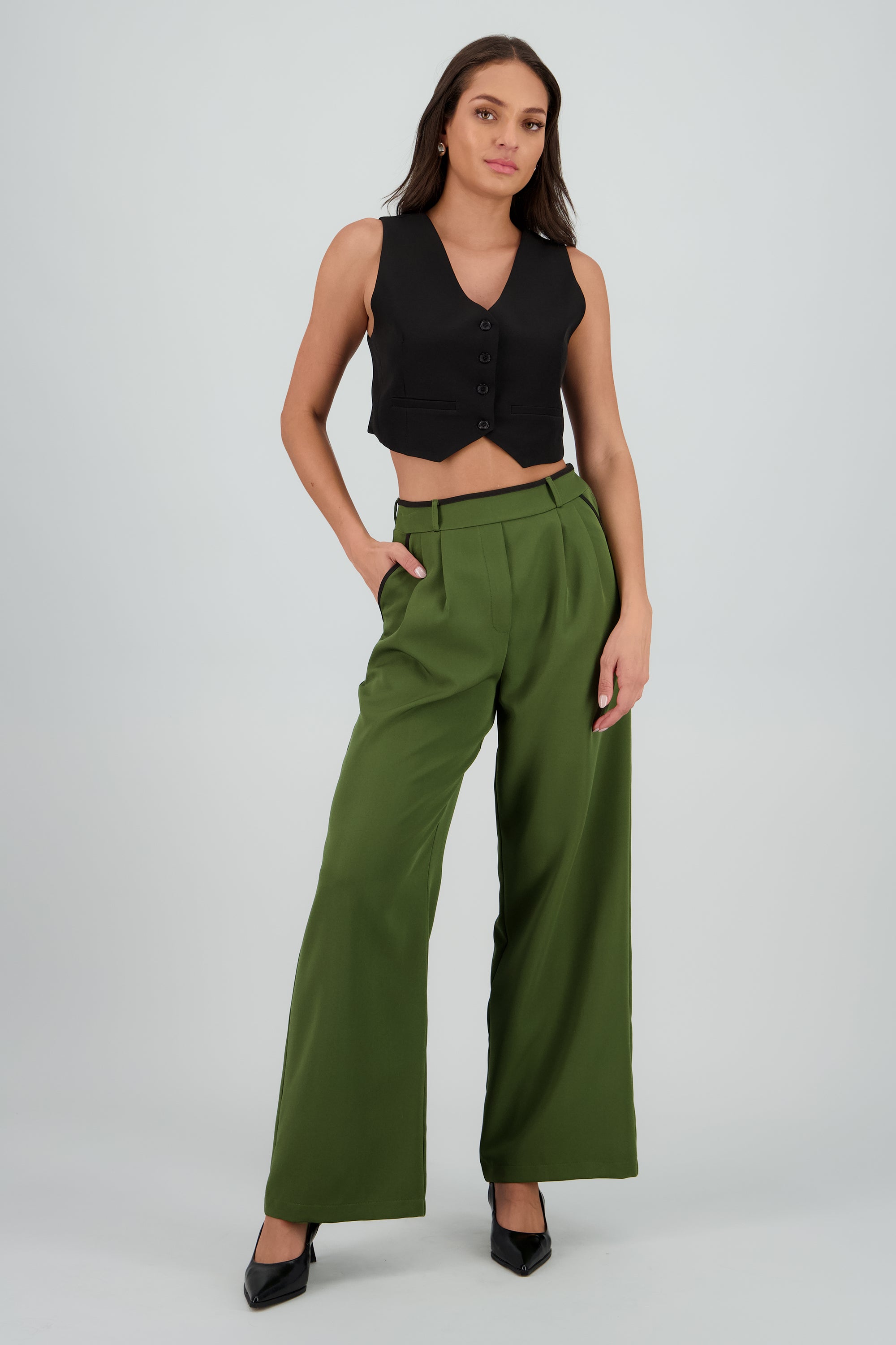 Pantalon sastre con pinza detalle contraste Hyp OLIVO COMBO